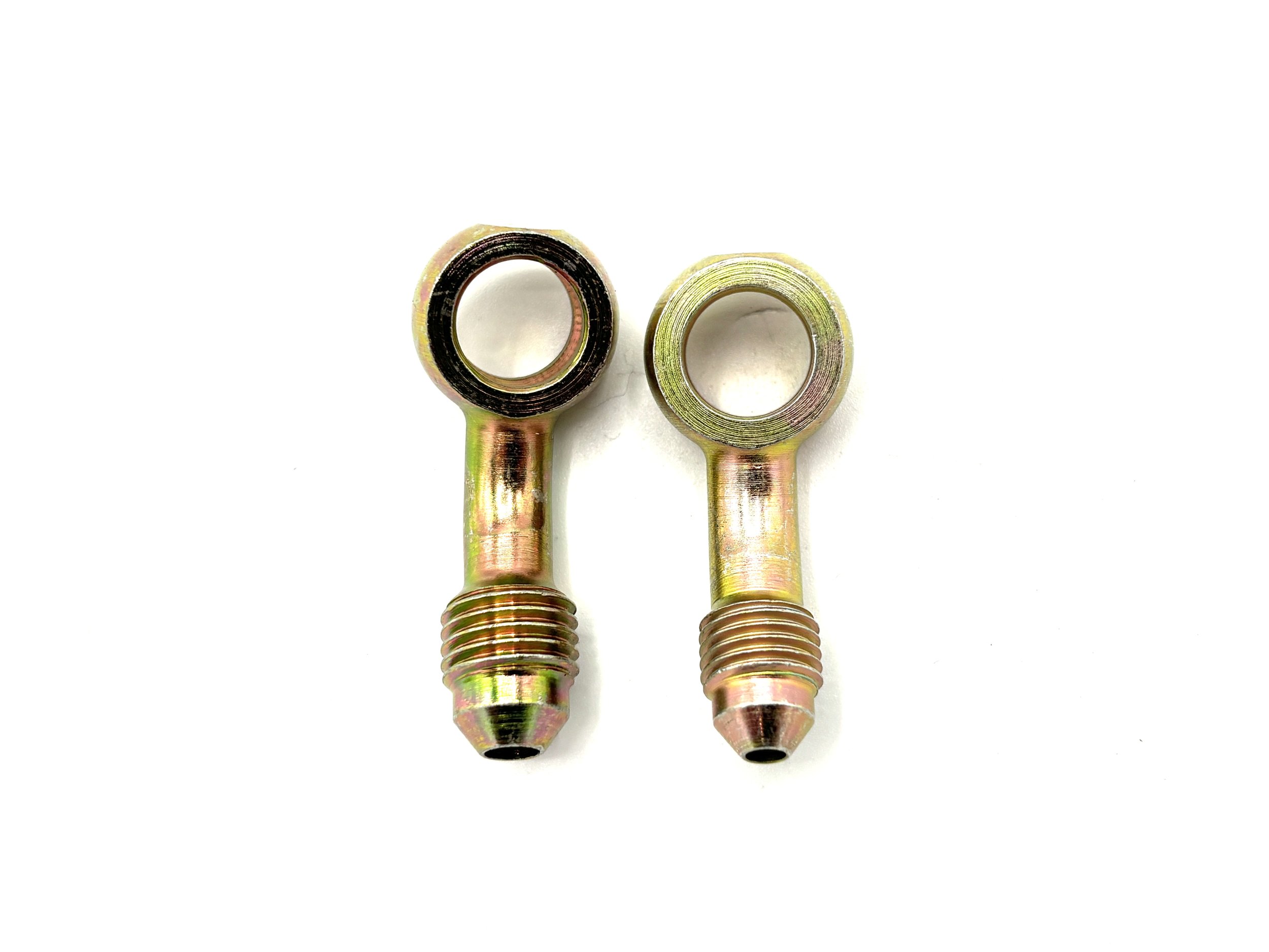 XRP 40 Deg. AN Male to Steel Extended Neck 10mm (3/8) Banjo Brake Adapter. Gold in color. Various sizes from largest to smallest, left to right.