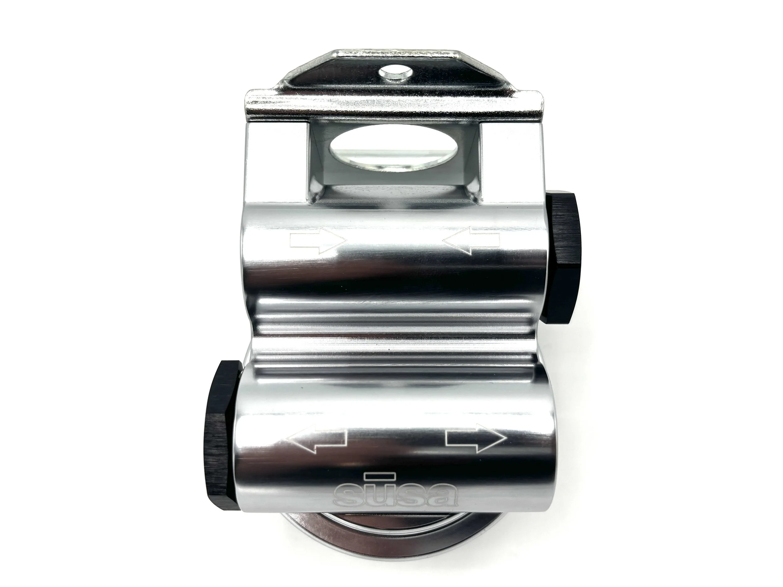 Setrab Remote Oil Filter Stand 77mm. Rectangular oil filter head, has 2 plugs in it with 4 ports. Top view. Silver