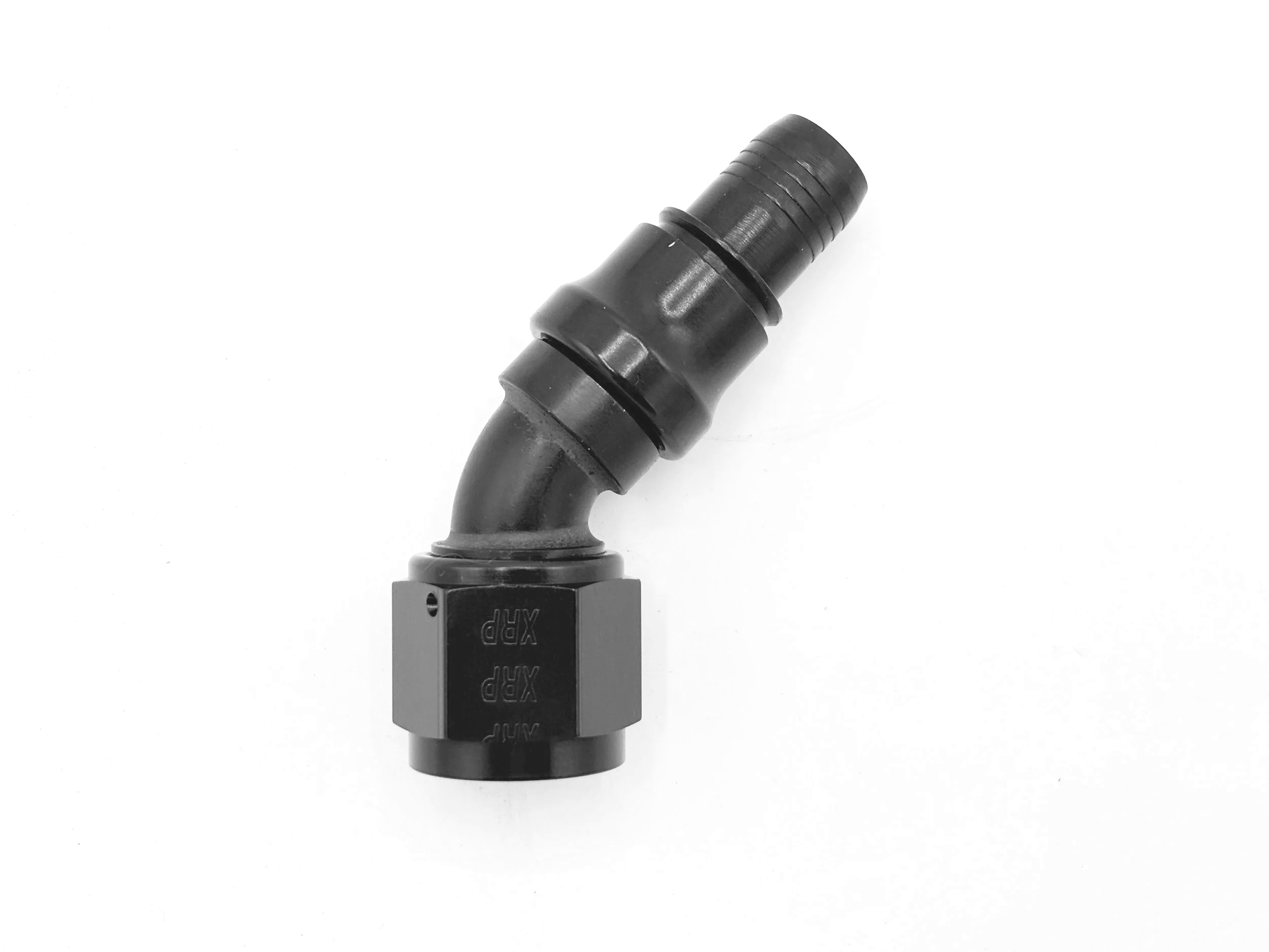 45 Deg. Race Crimp Swivel Hose End to AN Female. Black in color.
