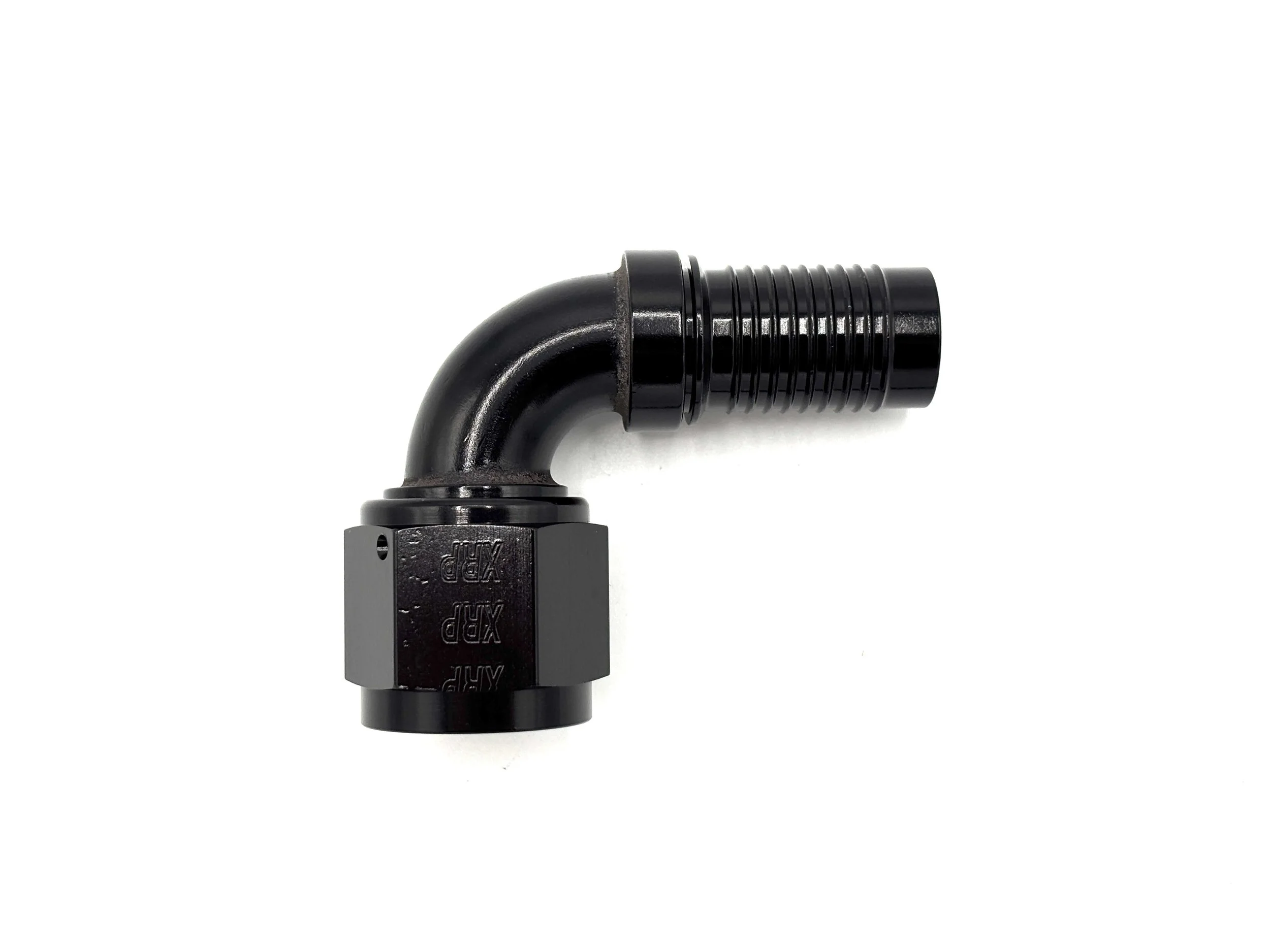 XRP 90 deg. HS-79 crimp hose end to AN female. Black in color.