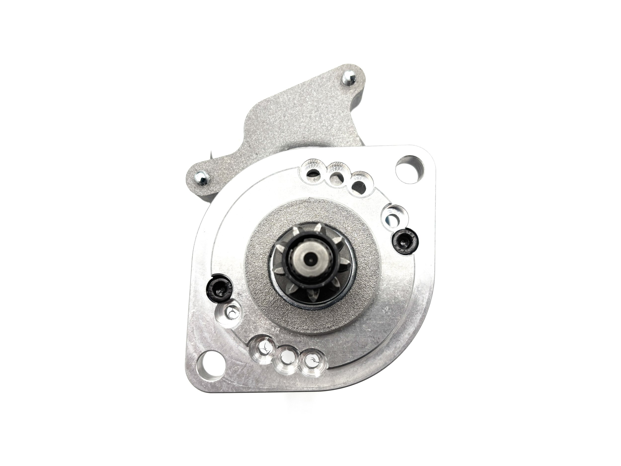 High torque VW gear reduction starter. Silver in color. Front profile.