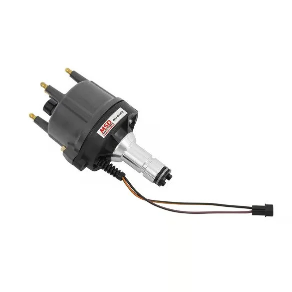 MSD VW type 1 billet distributor. Has silver color bottom shaft, gray cap, 2 wires coming out to a plug.