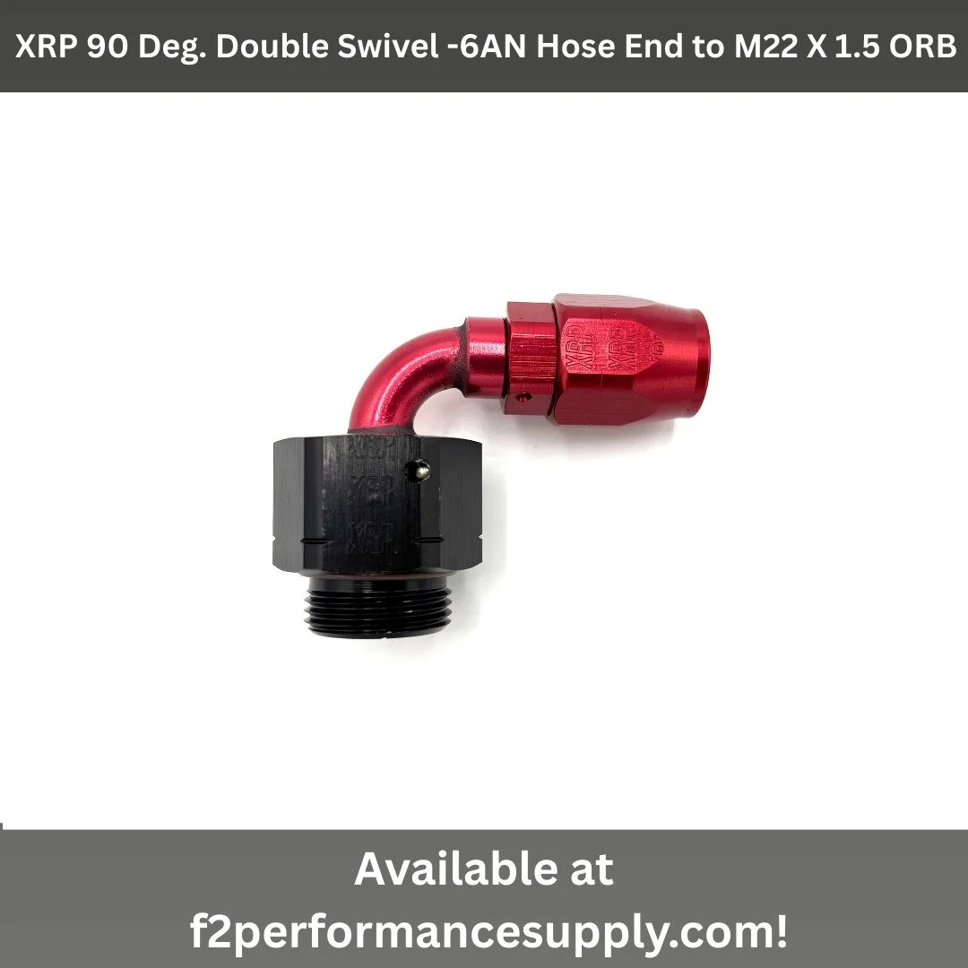 Check out this XRP 90 deg. double swivel -6AN hose end to M22 &times; 1.5 ORB adapter. They are available only in red. It includes a brown viton o-ring. It is Ideal for use on oil coolers to directly connect a hose without adapters.

Order now at f2p