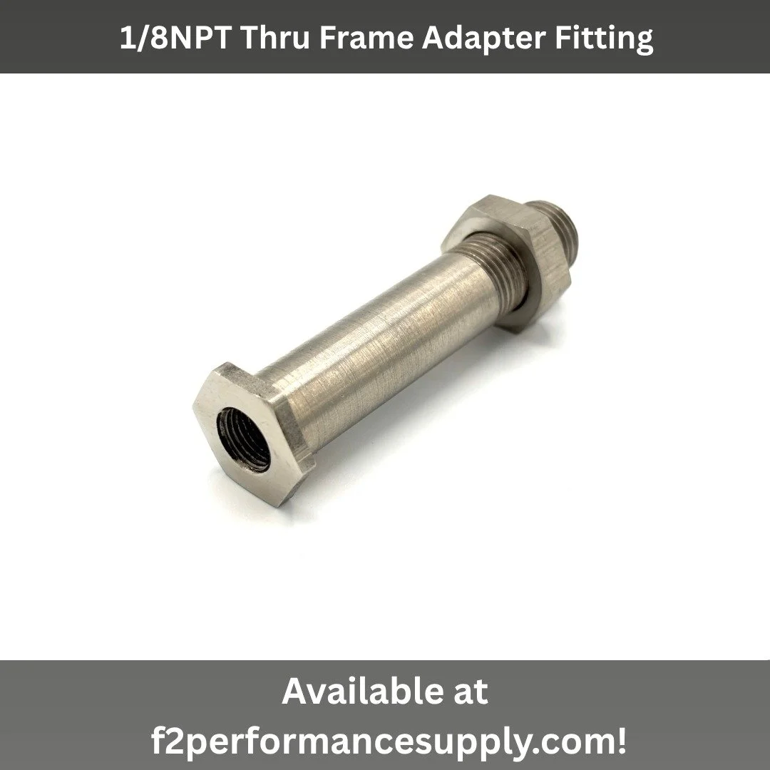 1/8NPT thru frame adapter fitting. Adjustable size to fit frame rails that are 1.9375&rdquo; to 2.5&rdquo; wide. Features a 1/8NPT ports on each side of the fitting to allow for a sleek passage for fluid. Has polished head. Diameter of shaft measures