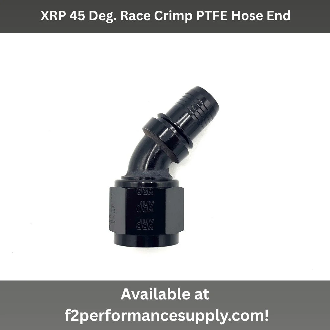 We are now offering XRP ProPlus crimp hose ends. We sell them in straight, 30 deg., 45 deg., 60 deg., 90 deg., 120 deg., 150 deg., and 180 deg. All are available in -6AN thru -16AN, additionally some adapters are available.

XRP 45 deg. race crimp ho