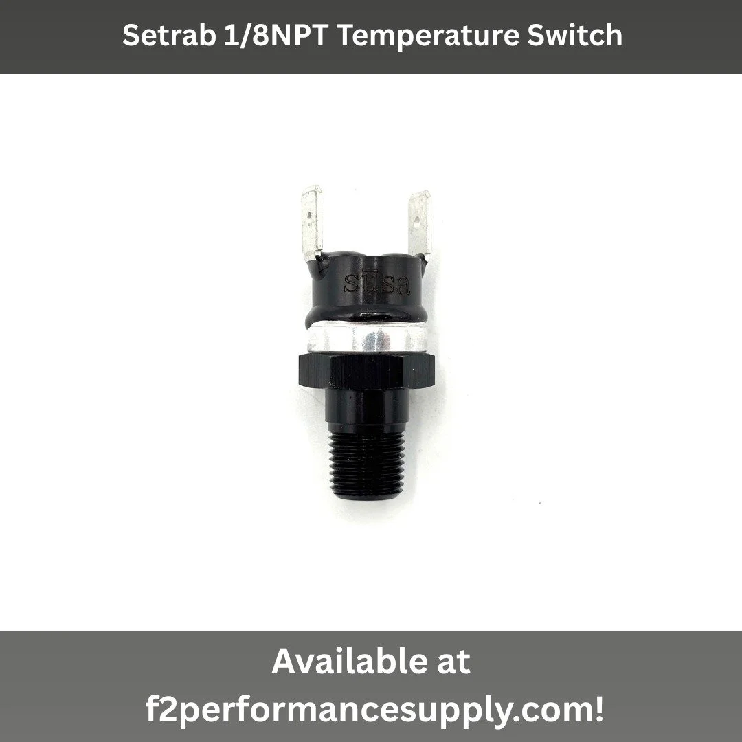 Setrab 1/8NPT temperature switch. Offered in 180F, 190F, and 200F depending on your application. Threads into most 1/8" NPT port to turn on a 12V accessory at a set temperature. They are normally a open switch, so they close and activate the acc