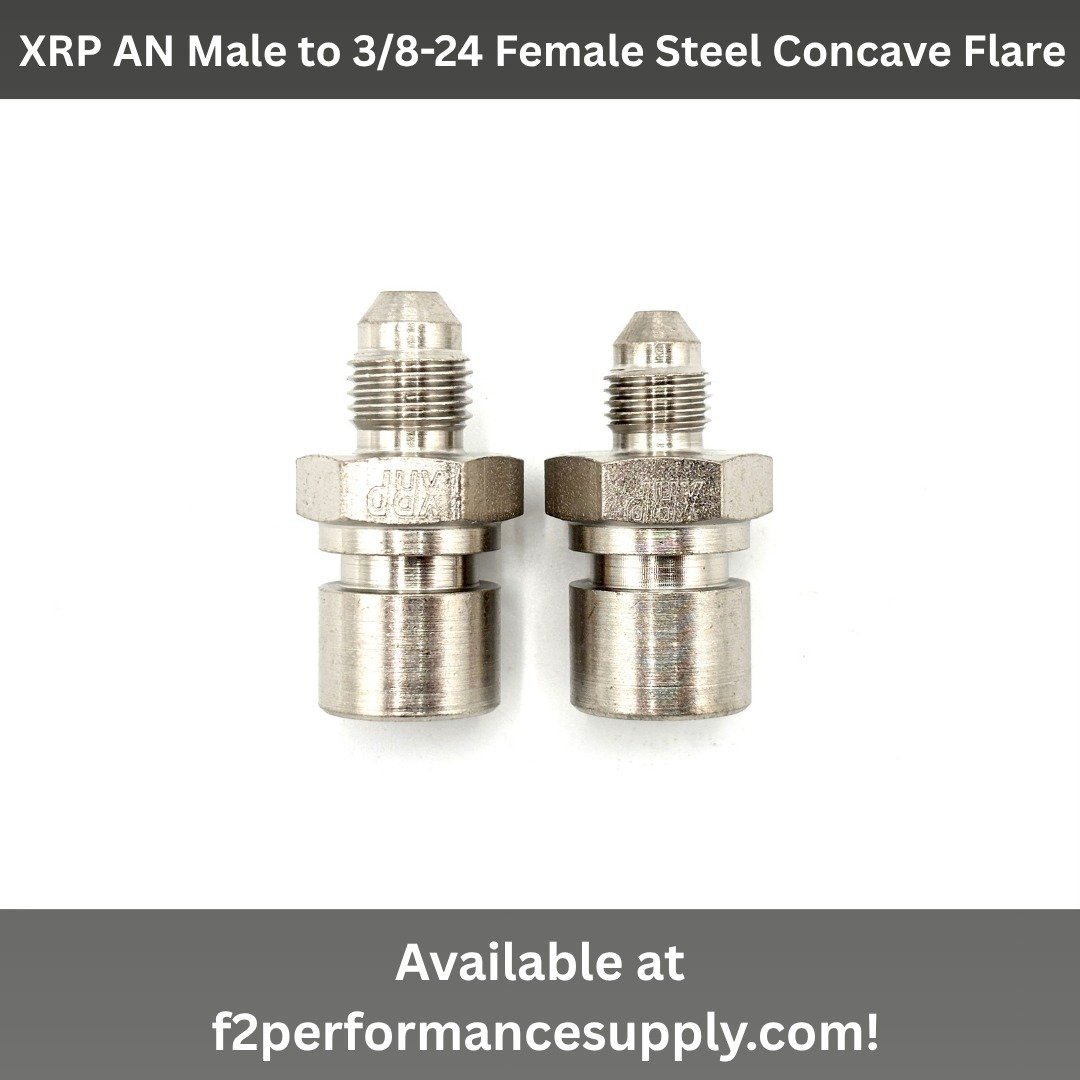XRP AN male to 3/8-24 female steel concave flare brake adapter. Offered in -3AN male with 3/8-24 female, and -4AN male with 3/8-24 female. Available only in nickel plated steel. Sold as a set of 2.

Buy now at f2performancesupply.com!
#xrpfittings #e