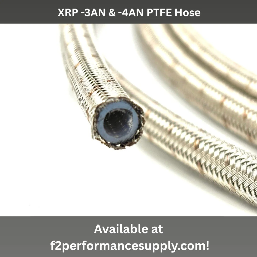 XRP stainless steel braided PTFE hose. Offered in -3AN and -4AN, in either exposed stainless or with a black cover. Hose is rated for a maximum continuous working temperature of 450&ordm;F (232&ordm;C). Compatible with all automotive fluids and fuels