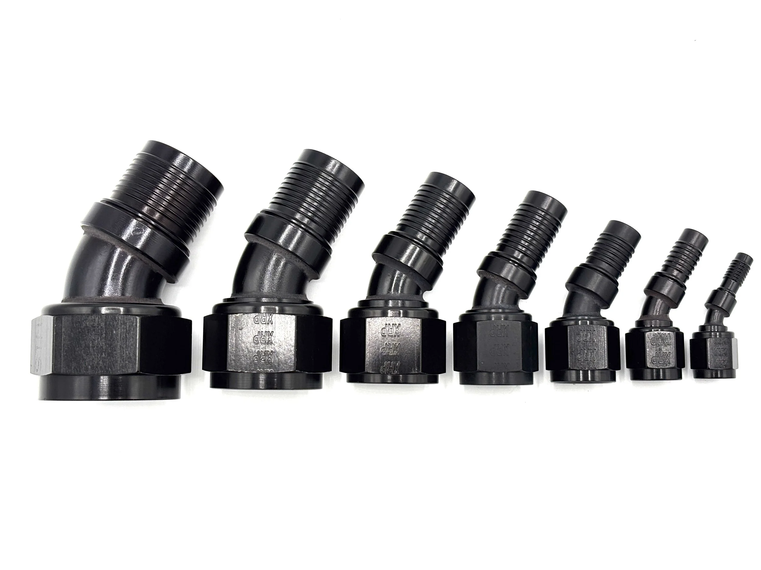 XRP 30 deg. HS-79 crimp hose end to AN female. Black in color. Various sizes from largest to smallest, left to right.