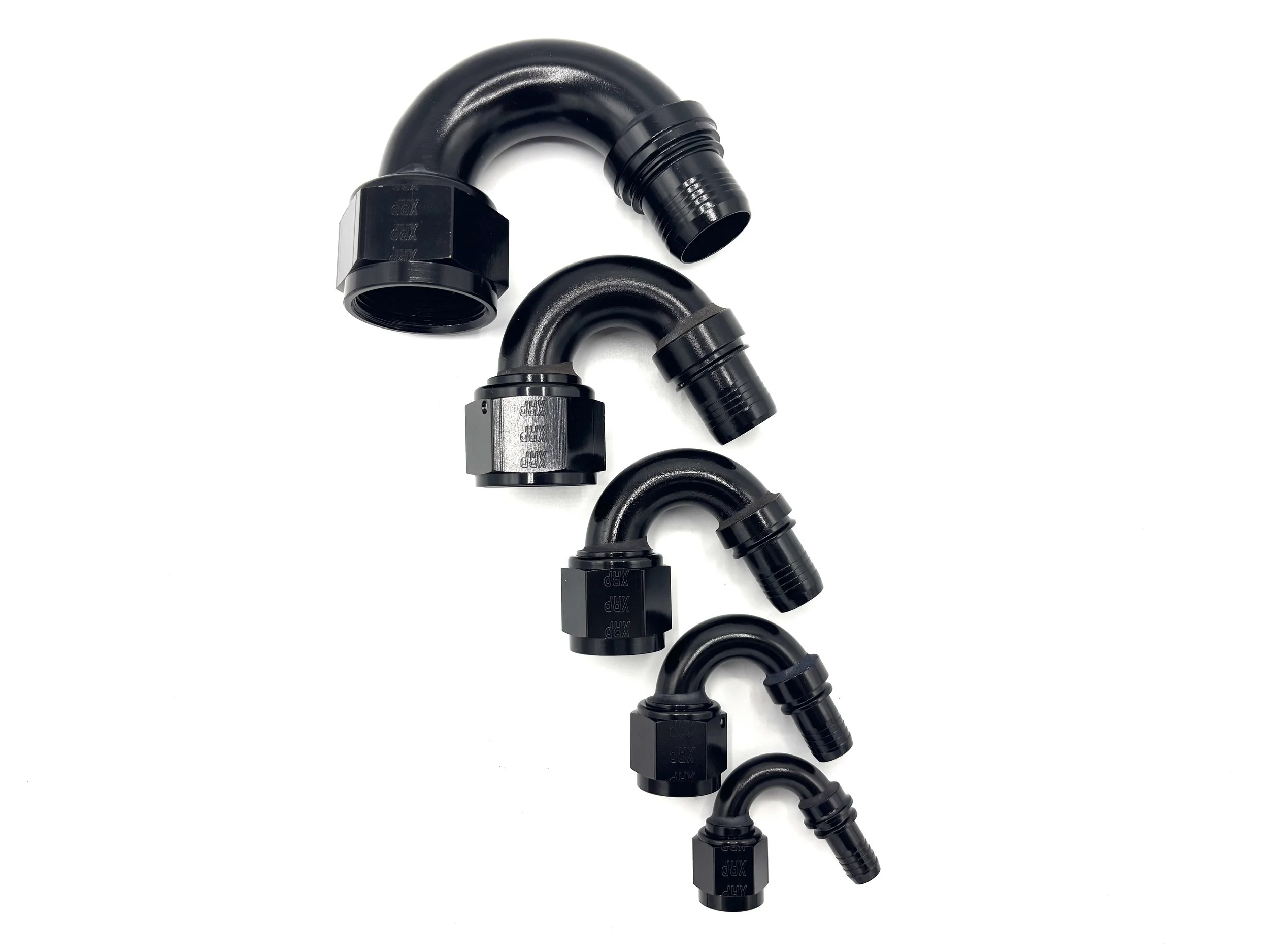XRP 150 deg. race crimp hose end to AN female. Black in color. Various sizes from largest to smallest, left to right.