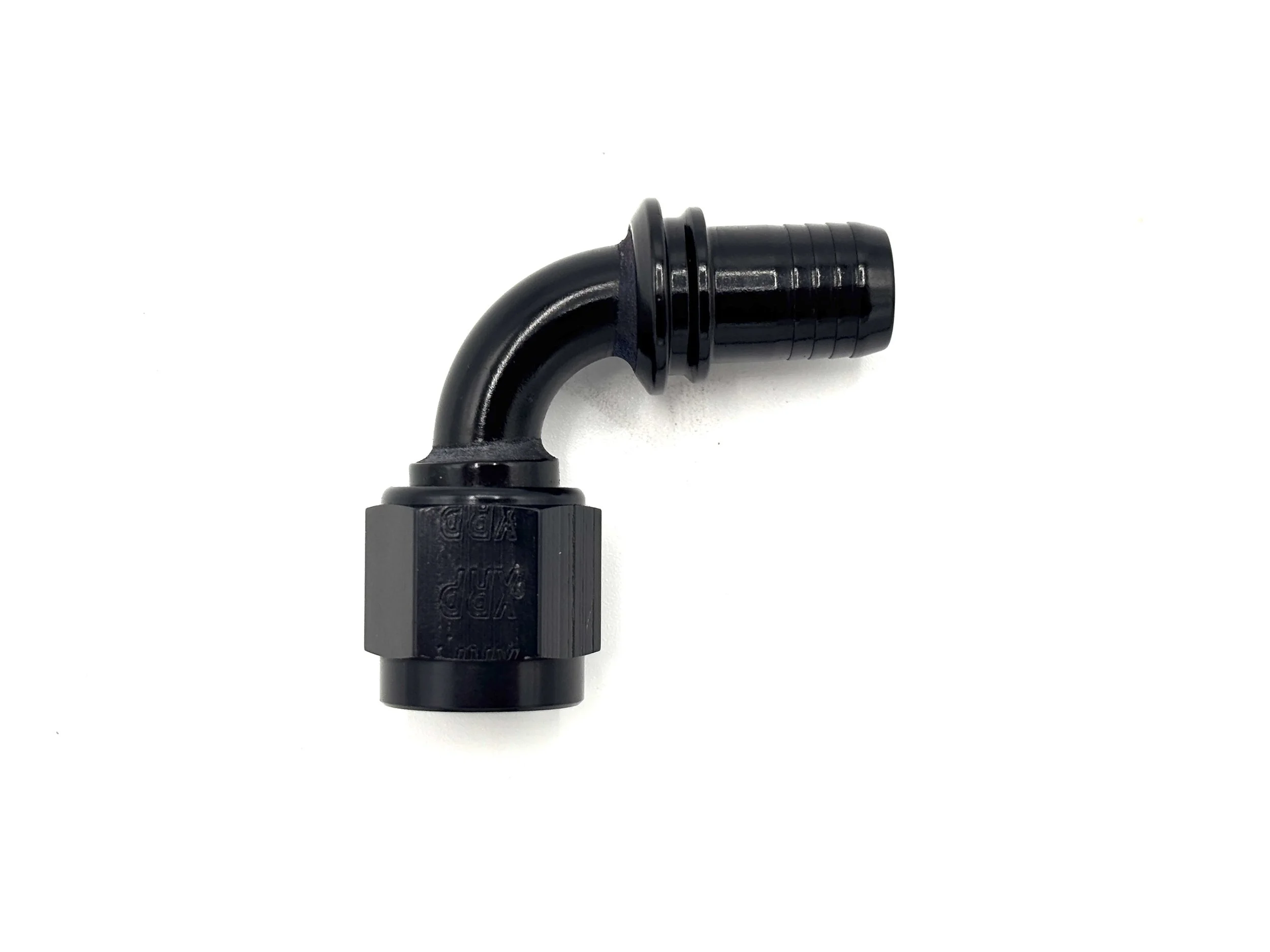 XRP 90 deg. -8AN race crimp hose end to -6AN female. Black in color.