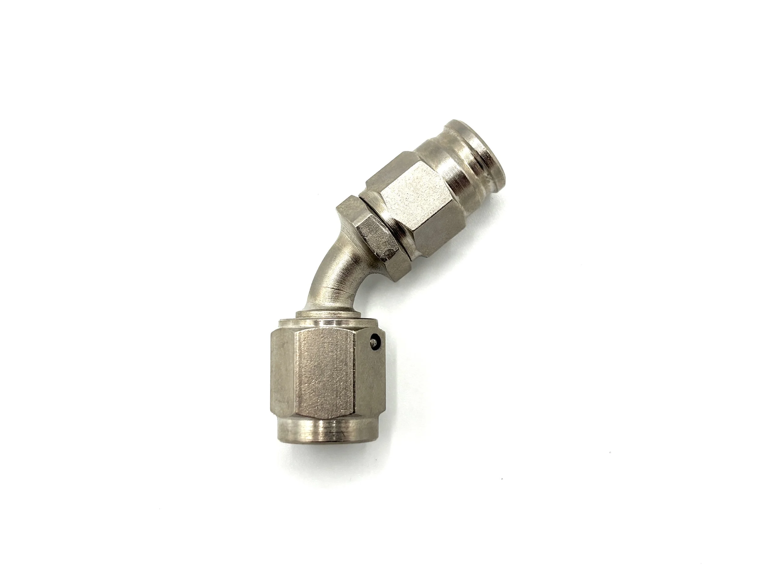 XRP 45 deg. AN PTFE steel hose end to AN female. Silver in color.