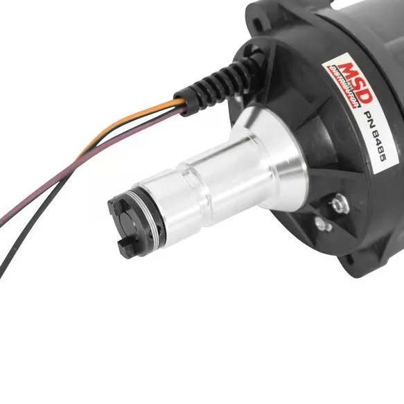 MSD VW type 1 billet distributor. Has silver color bottom shaft, gray cap, 2 wires coming out to a plug.