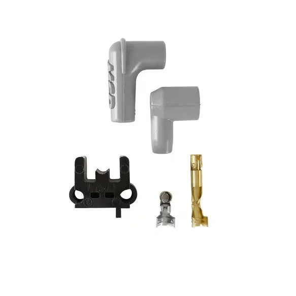 Gray spark plug boots. Spark plug wire loom, and terminals. Showing all contents with the wires.