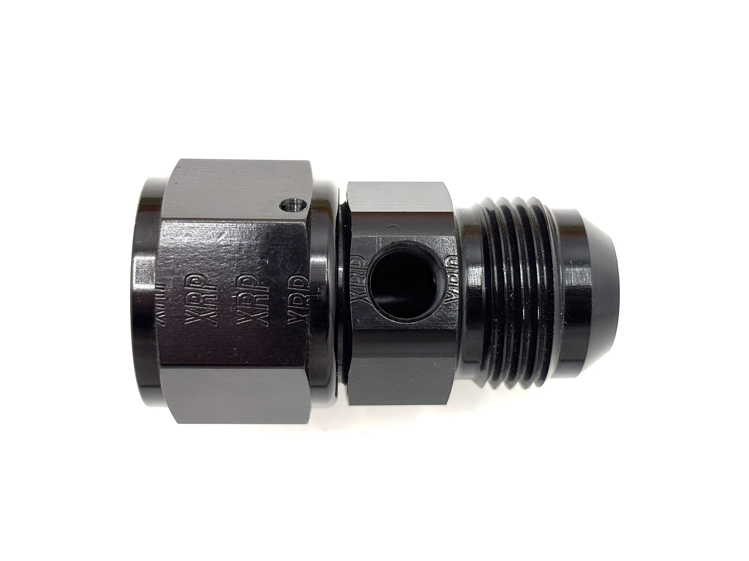 XRP -12AN male to -12AN female swivel adapter with 1/8NPT female port. Black in color.