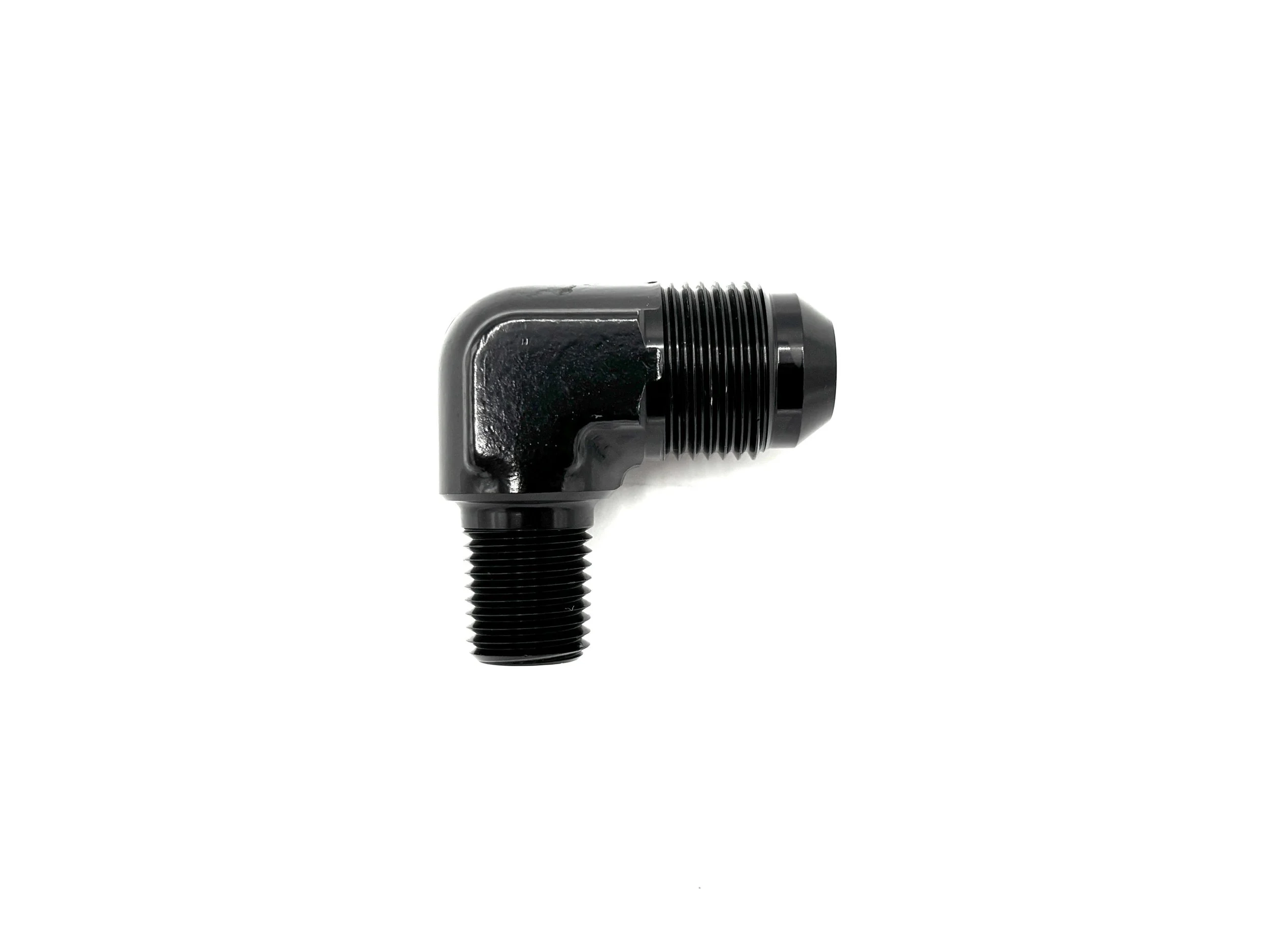 XRP 90 deg. -8AN male to 1/4NPT male adapter fitting. Black in color.