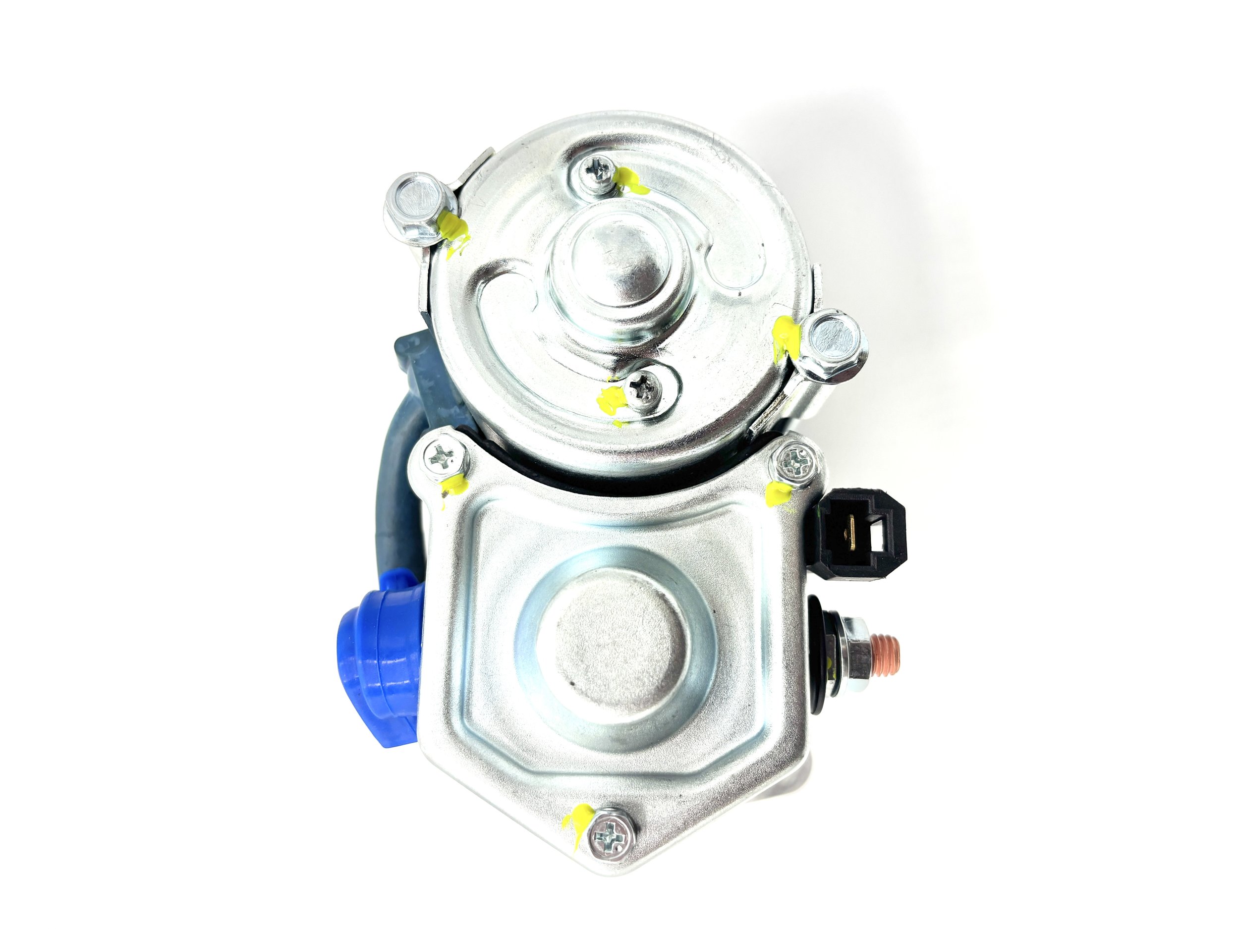 High torque VW gear reduction starter. Silver in color. Rear profile. Has blue terminal boot.