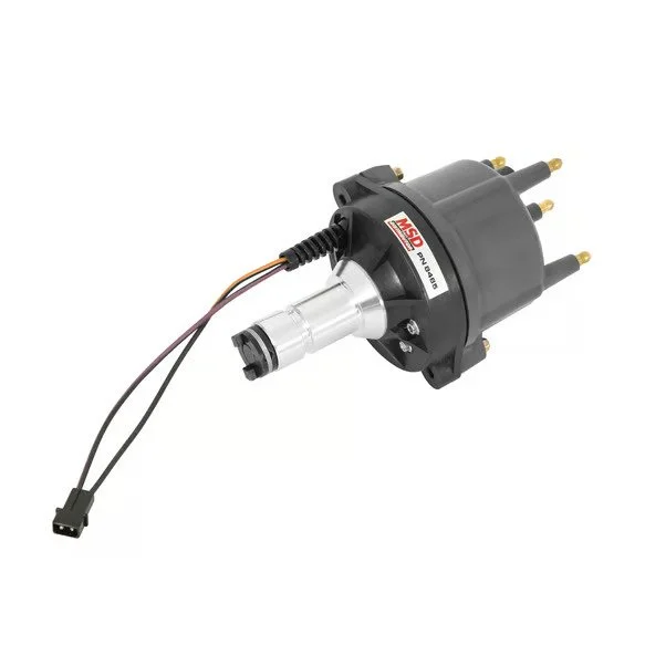 MSD VW type 1 billet distributor. Has silver color bottom shaft, gray cap, 2 wires coming out to a plug.