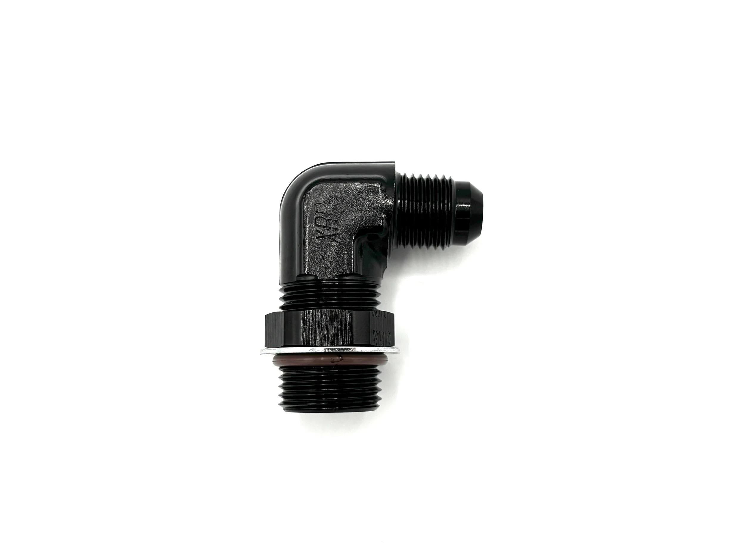 XRP 90 deg. -6AN male to -8AN o-ring boss adapter fitting. Black in color. Has nut, washer, and o-ring on it.