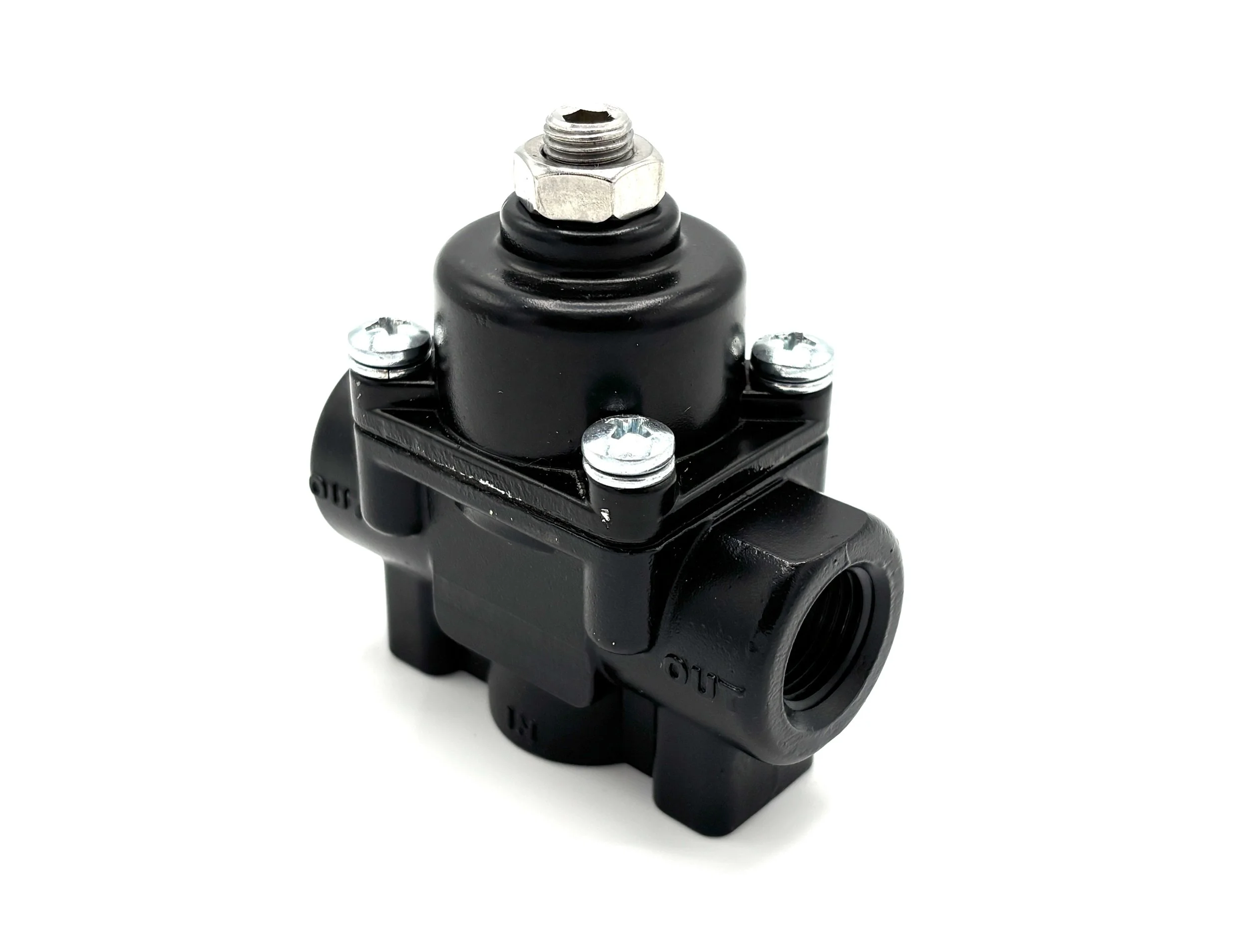 Earl’s 1-4 PSI fuel pressure regulator. Black in color.