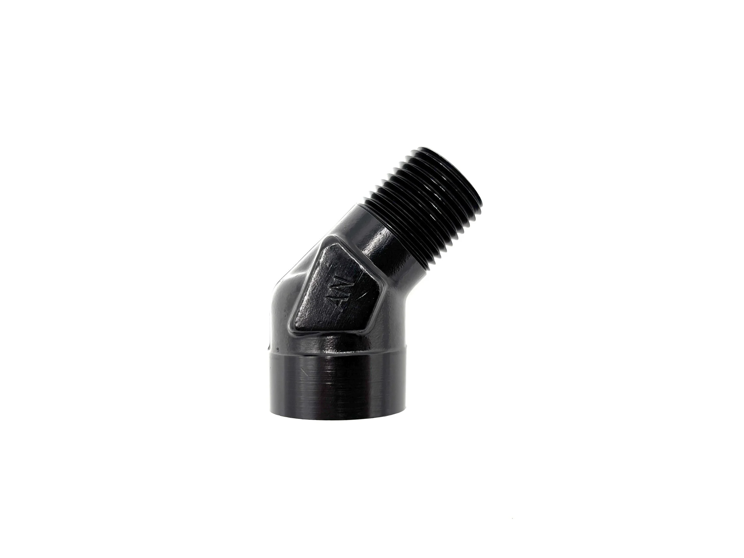 XRP 45 deg. NPT male to female adapter fitting. Black in color.
