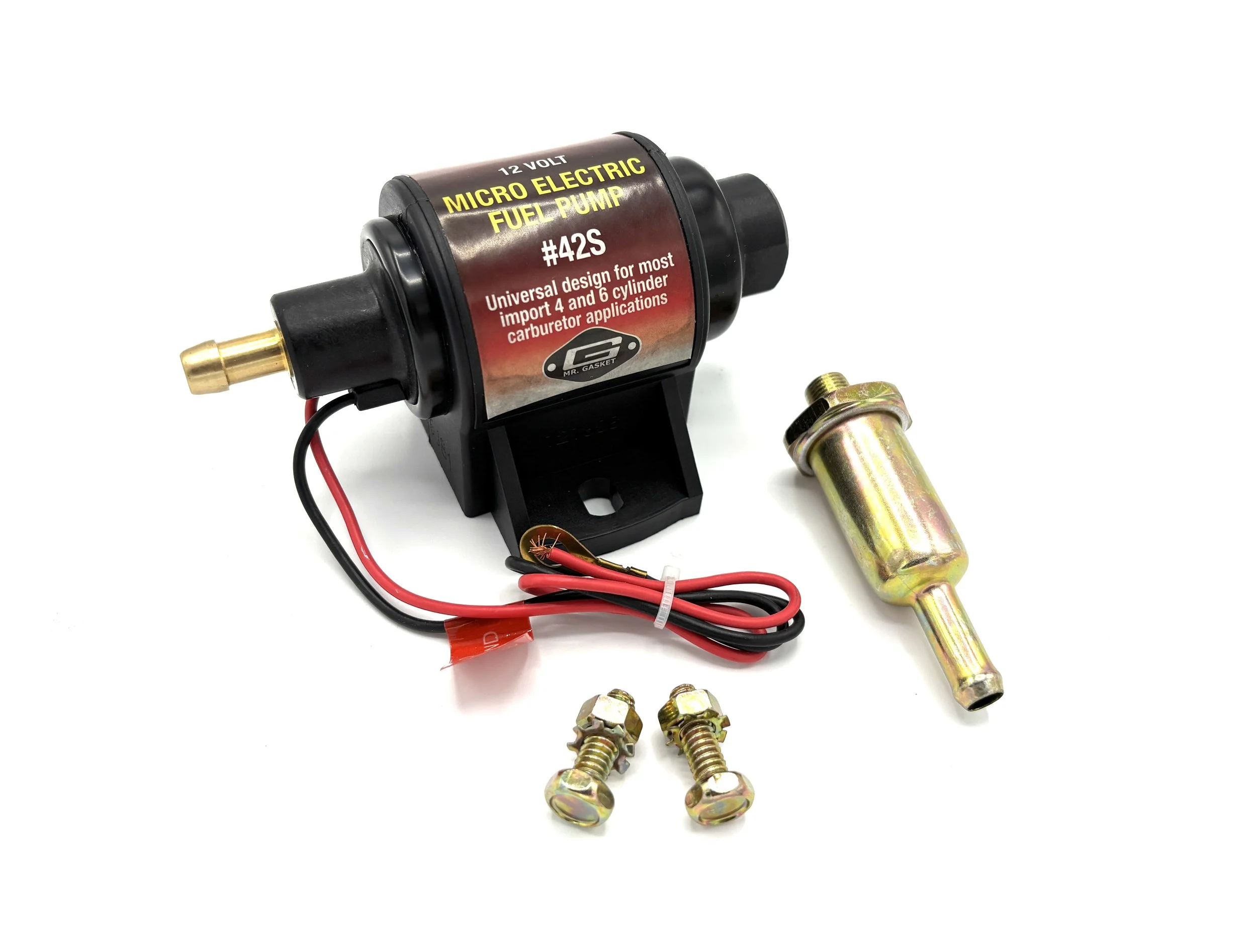 Mr. Gasket 2-3.5 PSI 28GPH micro electric fuel pump. Has contents next to it, hardware and filter.