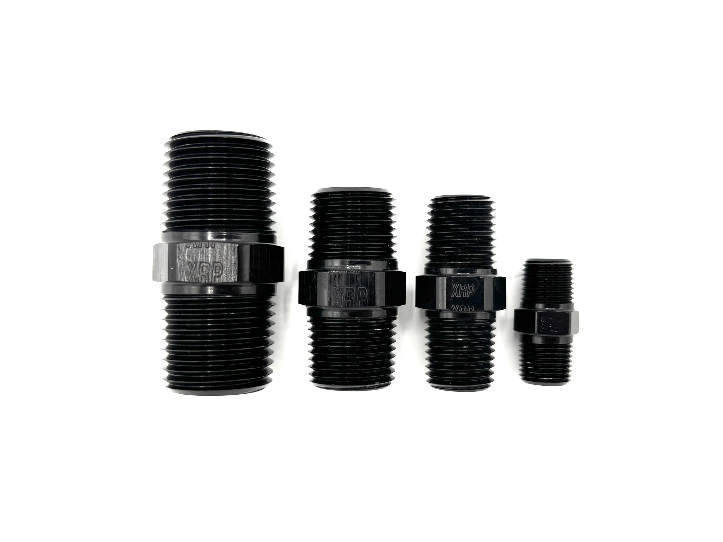 XRP straight male NPT union fitting. Black in color. Various sizes from largest to smallest, left to right.