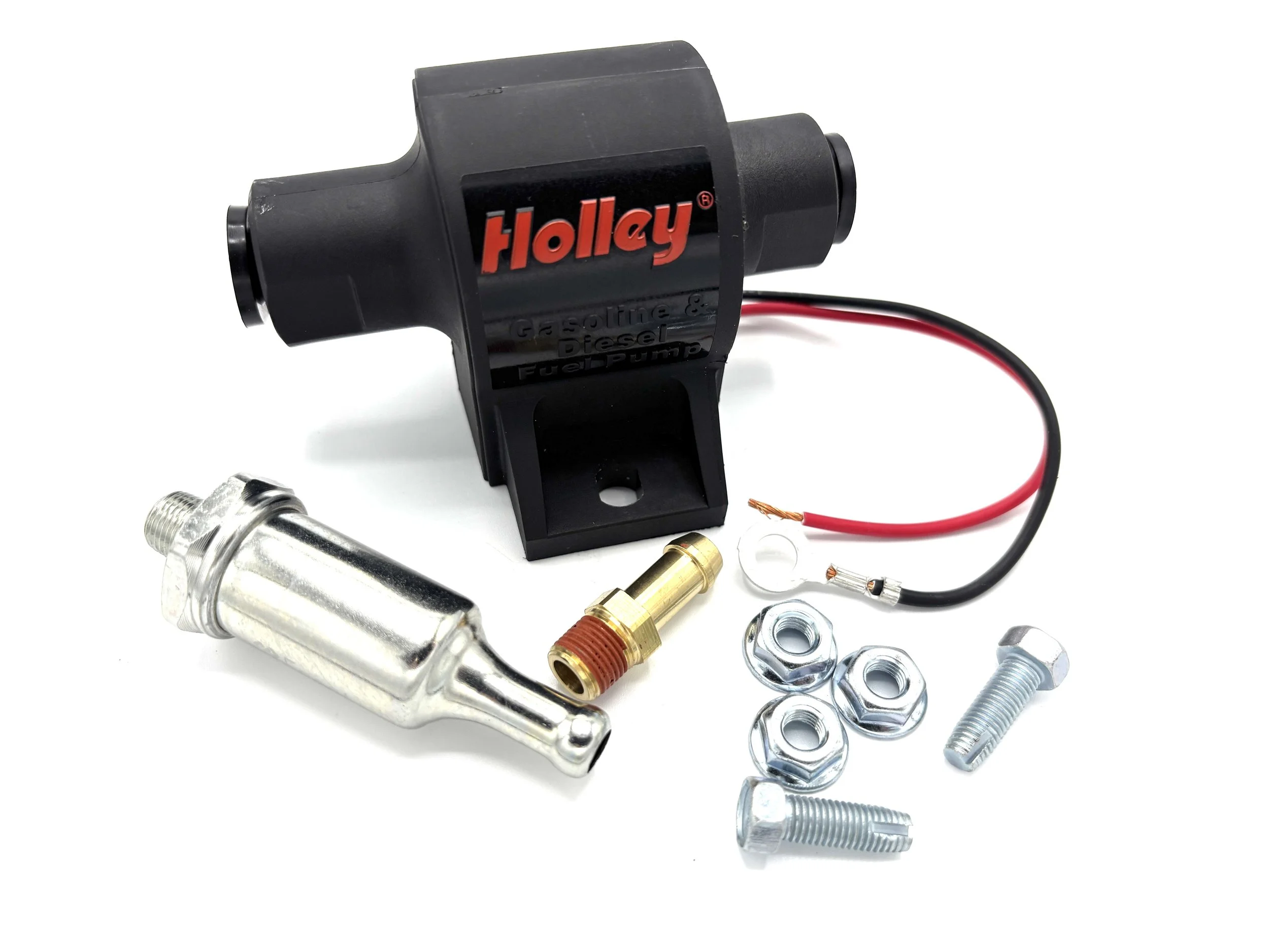 Holley 1.5-4 PSI 25GPH mighty mite electric fuel pump. Black in color. With hardware, filter, and fittings.