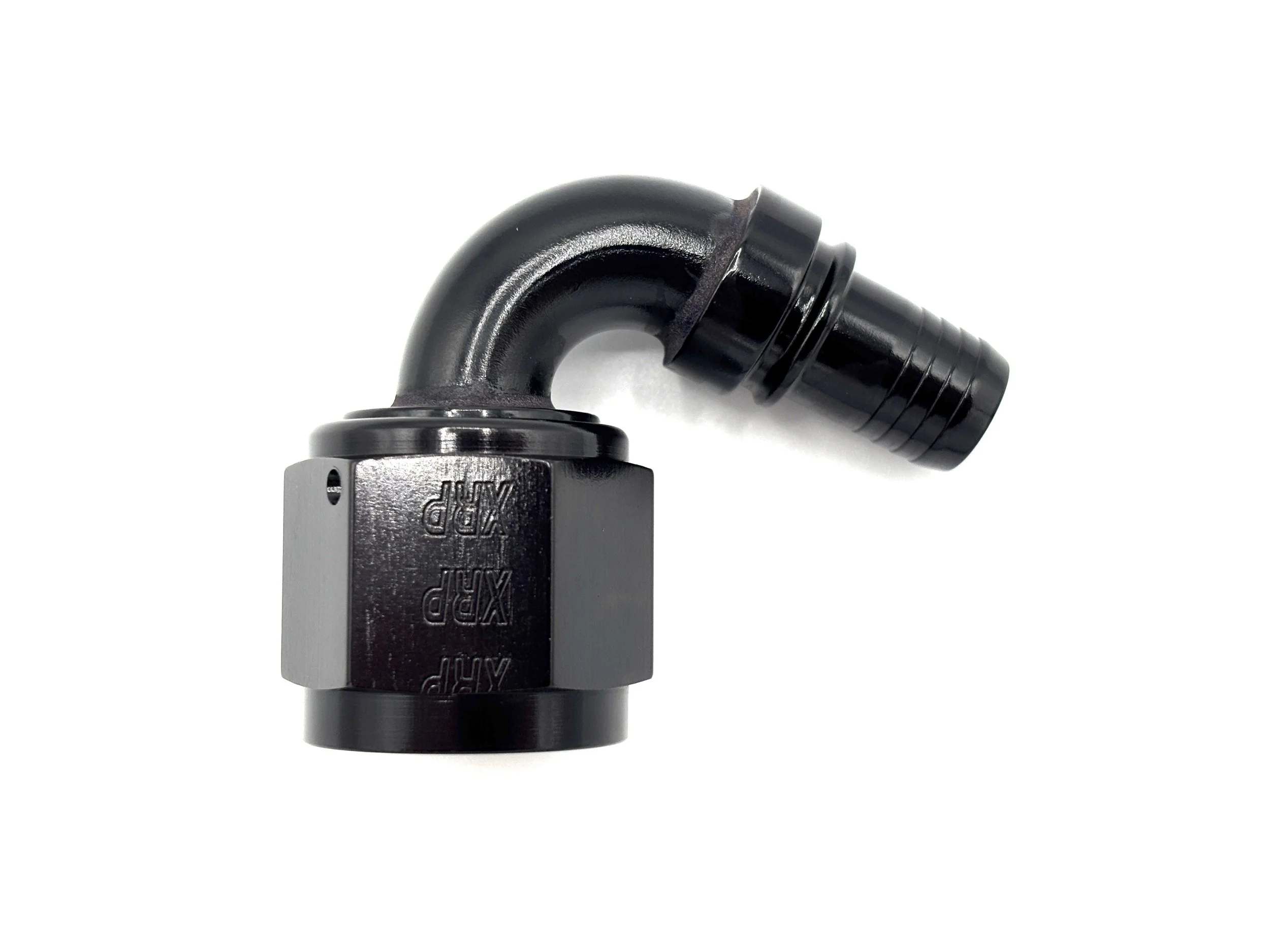 XRP 120 deg. -8AN race crimp hose end to -10AN female. Black in color.