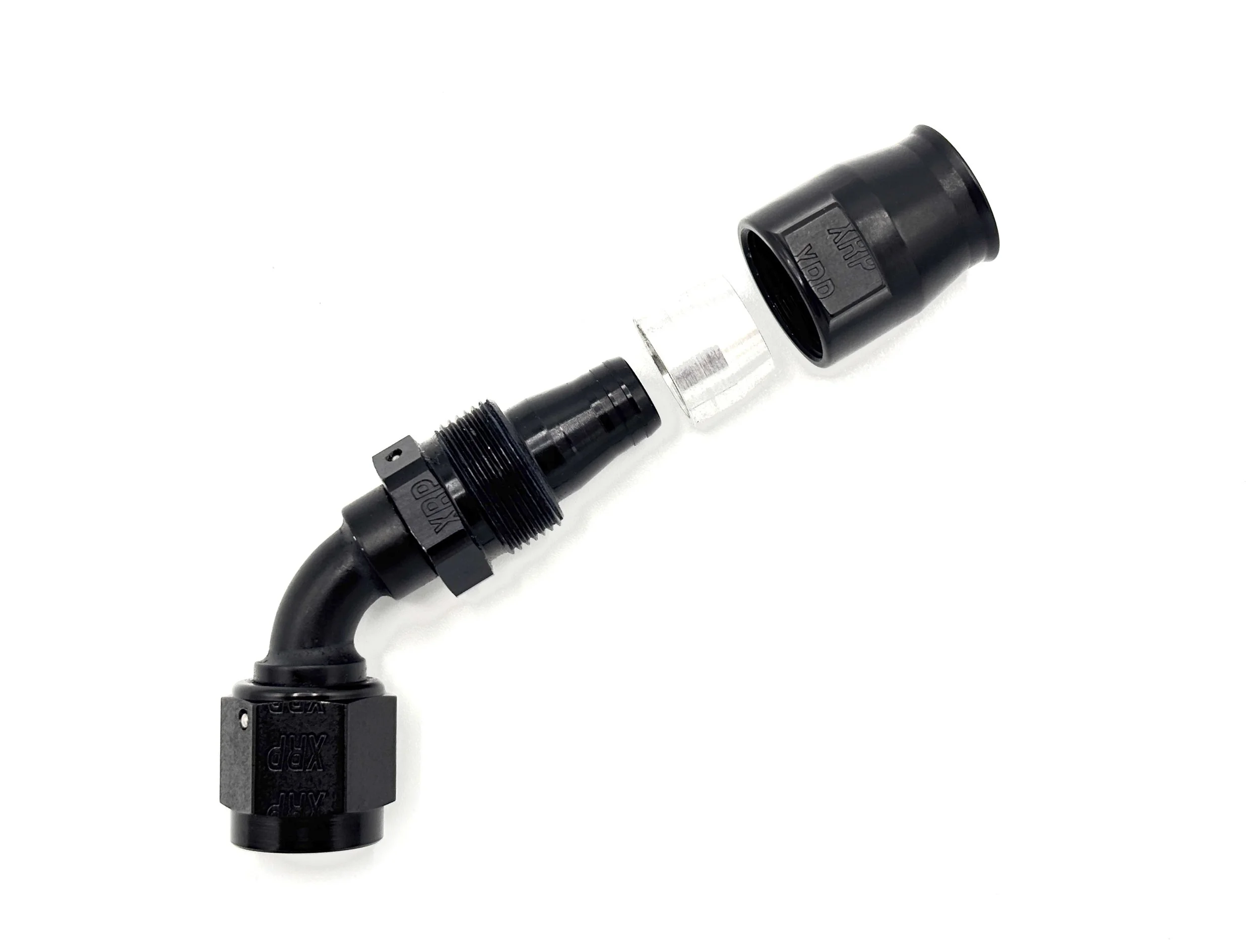 XRP 60 deg. swivel Race Reusable hose end to AN female. Black in color. Exploded view.