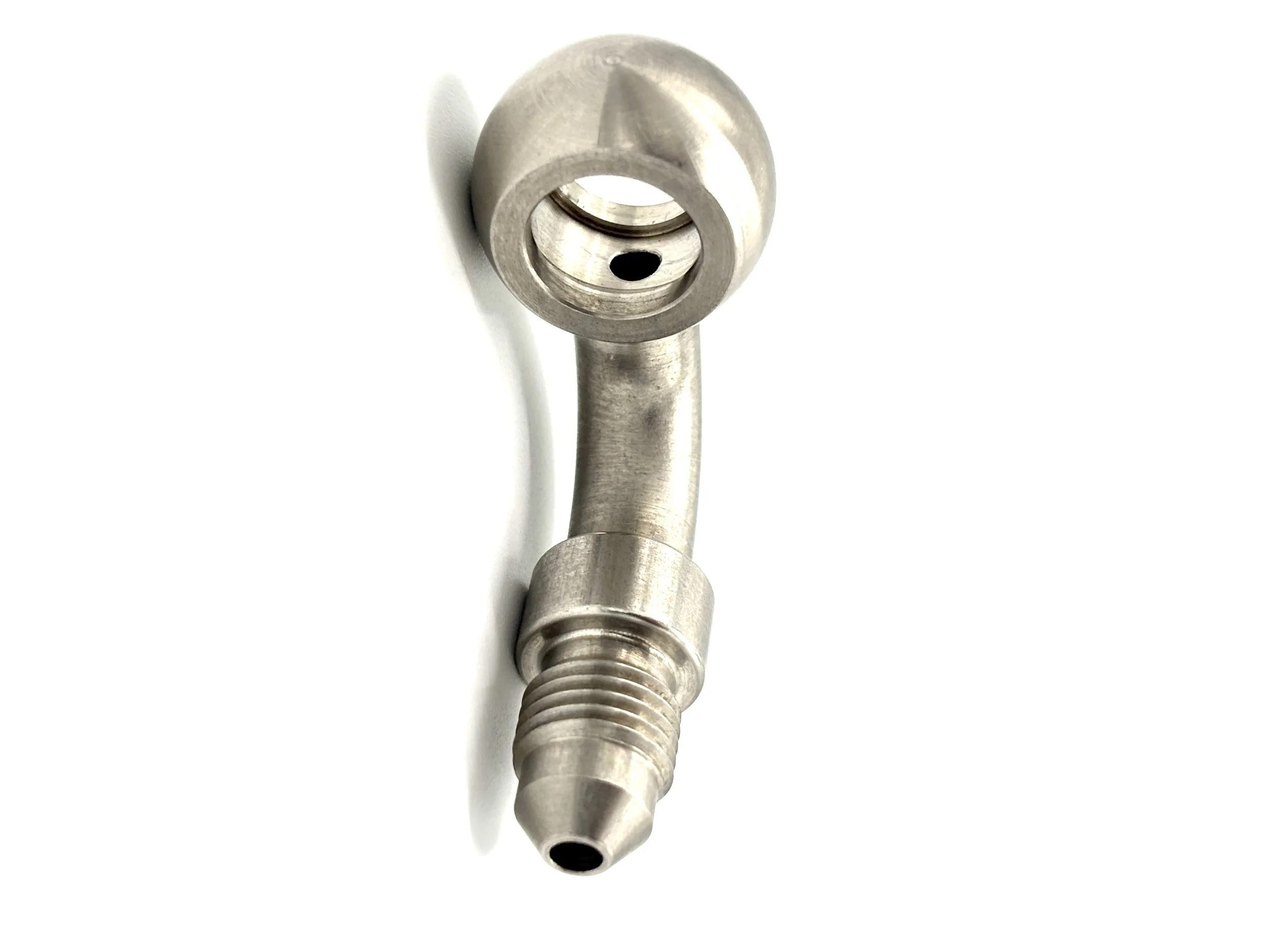 Earl's 90 deg. -3AN to 3/8 (M10) long banjo adapter. Silver in color.