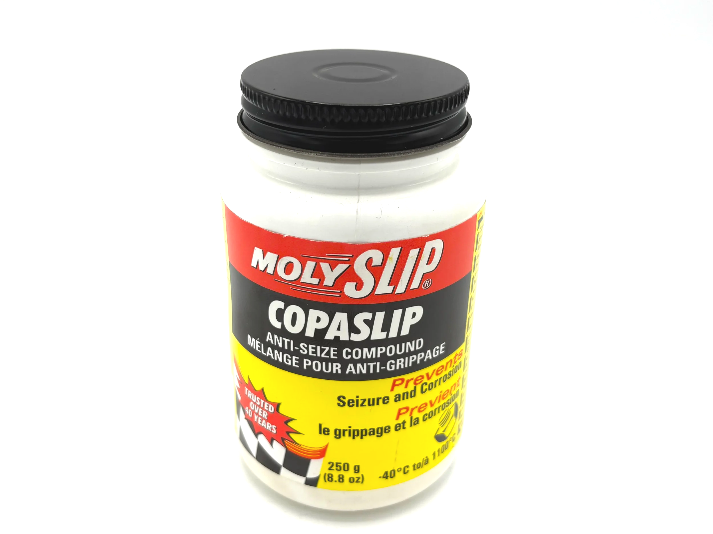 Moly Slip Anti-seize 8.8oz with brush inside. White bottle with Black cap. Has company sticker on the side. Says MolySlip CopaSlip.