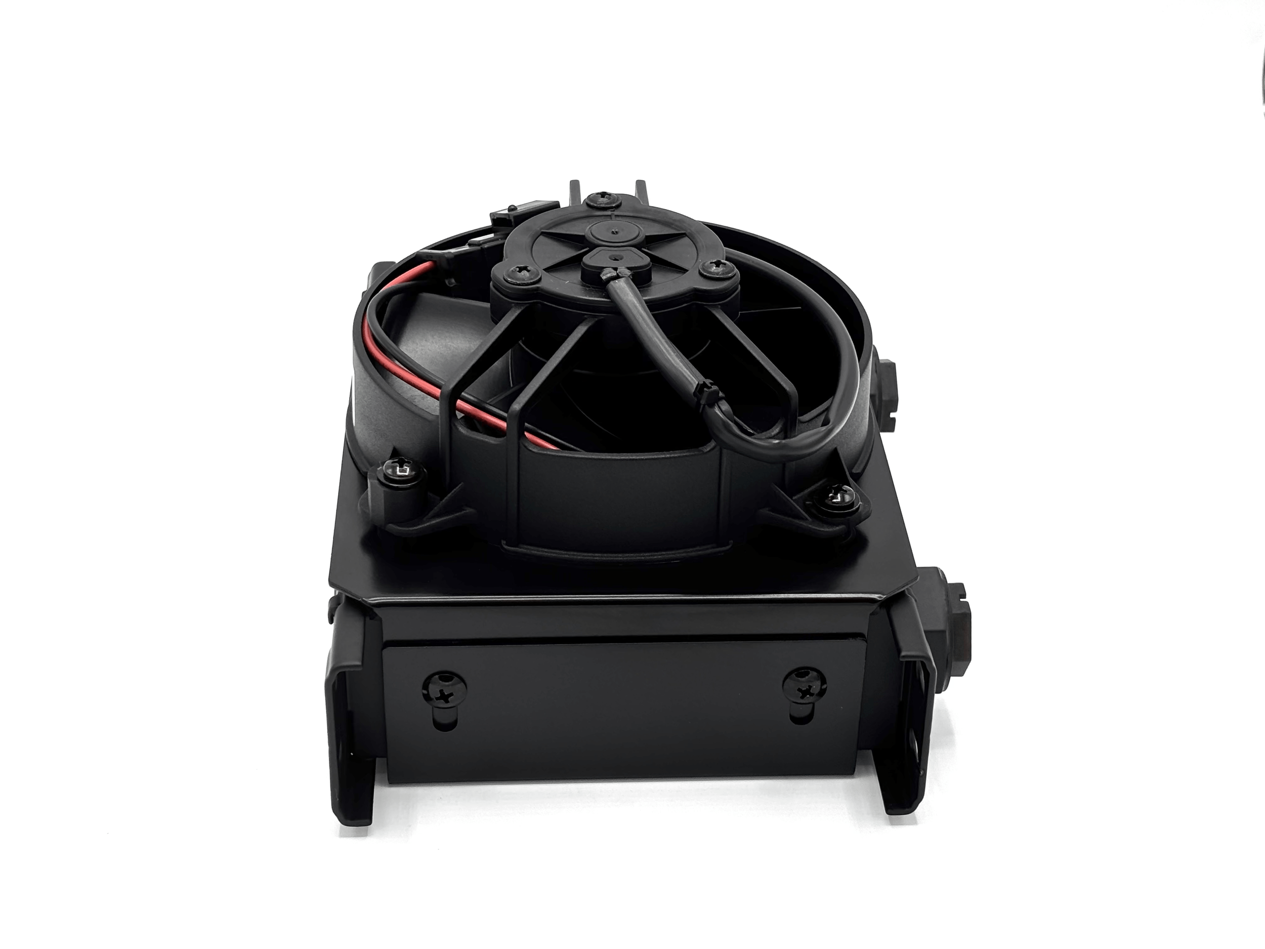 Top side of Universal Setrab Oil Cooler. Fitting outlets are visible on the side. Fan is on top.