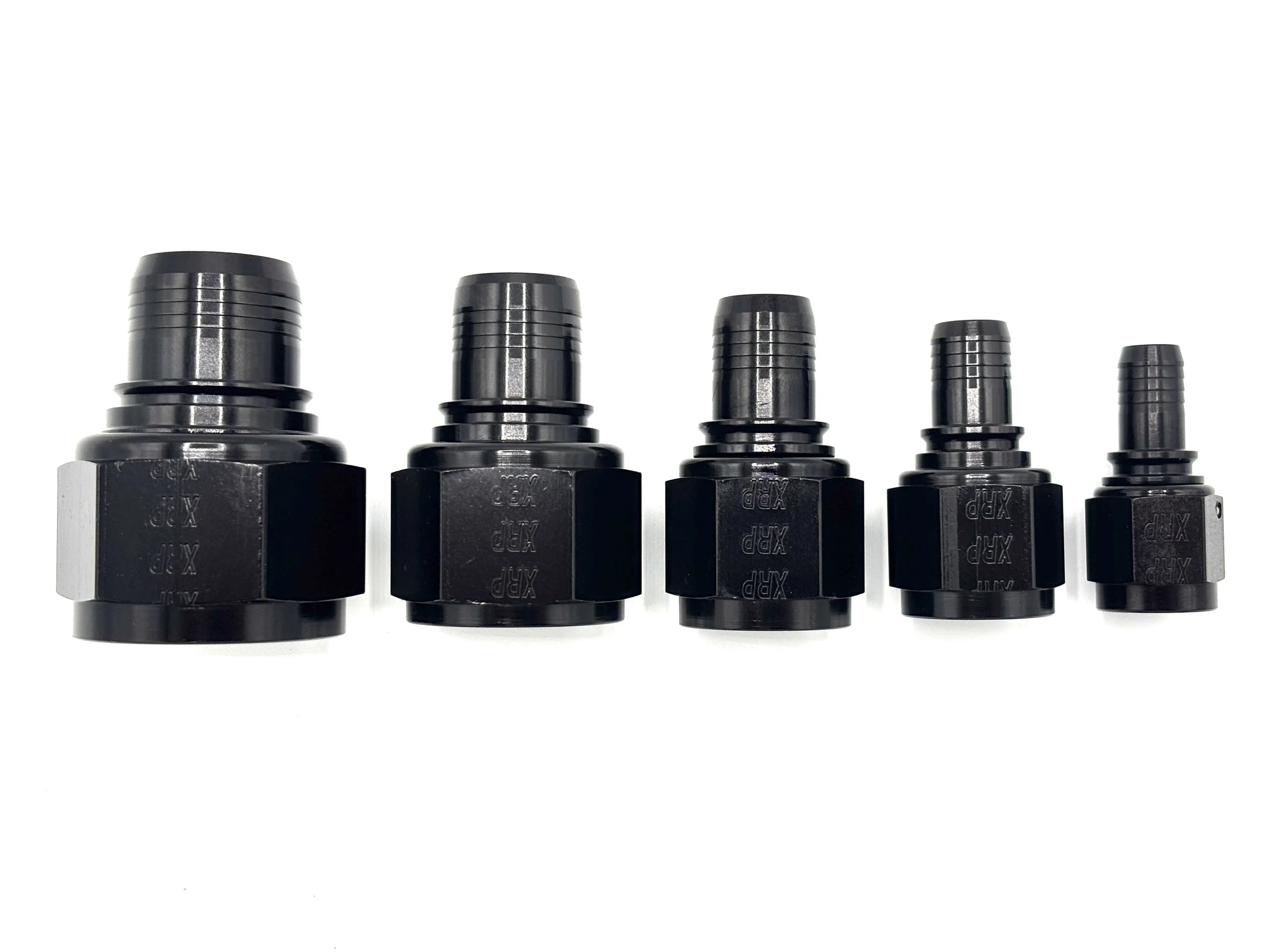 XRP straight race crimp hose end to AN female. Black in color. Various sizes from largest to smallest, left to right.