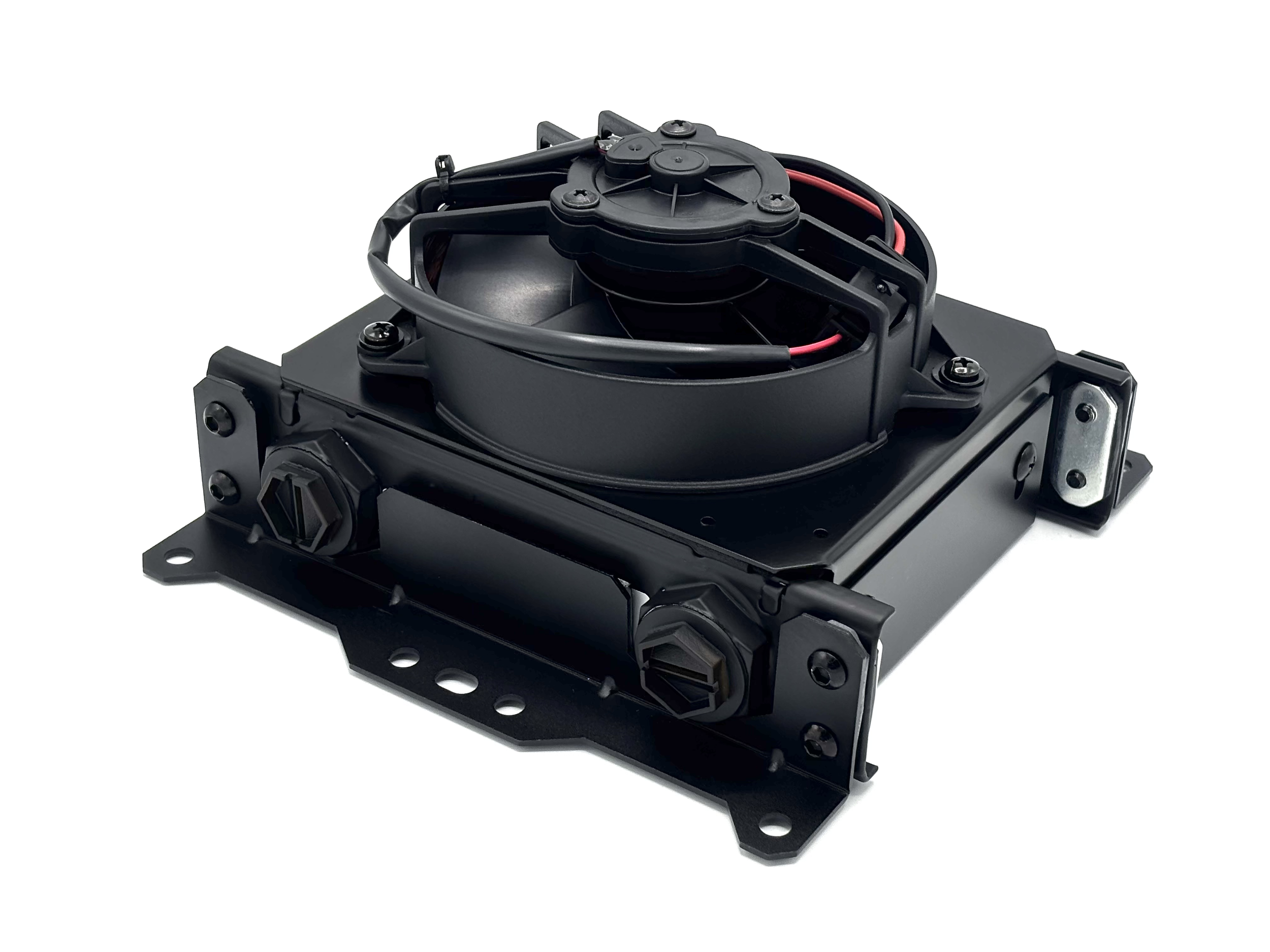 Setrab Cooler Mounting Bracket Kit installed on a oil cooler. Side view. Fitting plugs are visible.