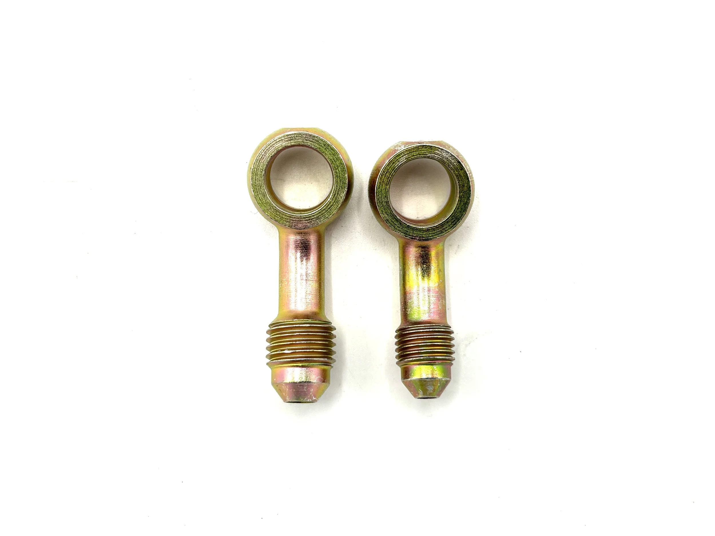 XRP 20 Deg. AN Male to Steel Extended Neck 10mm (3/8) Banjo Brake Adapter. Gold in color. Various sizes from largest to smallest, left to right.