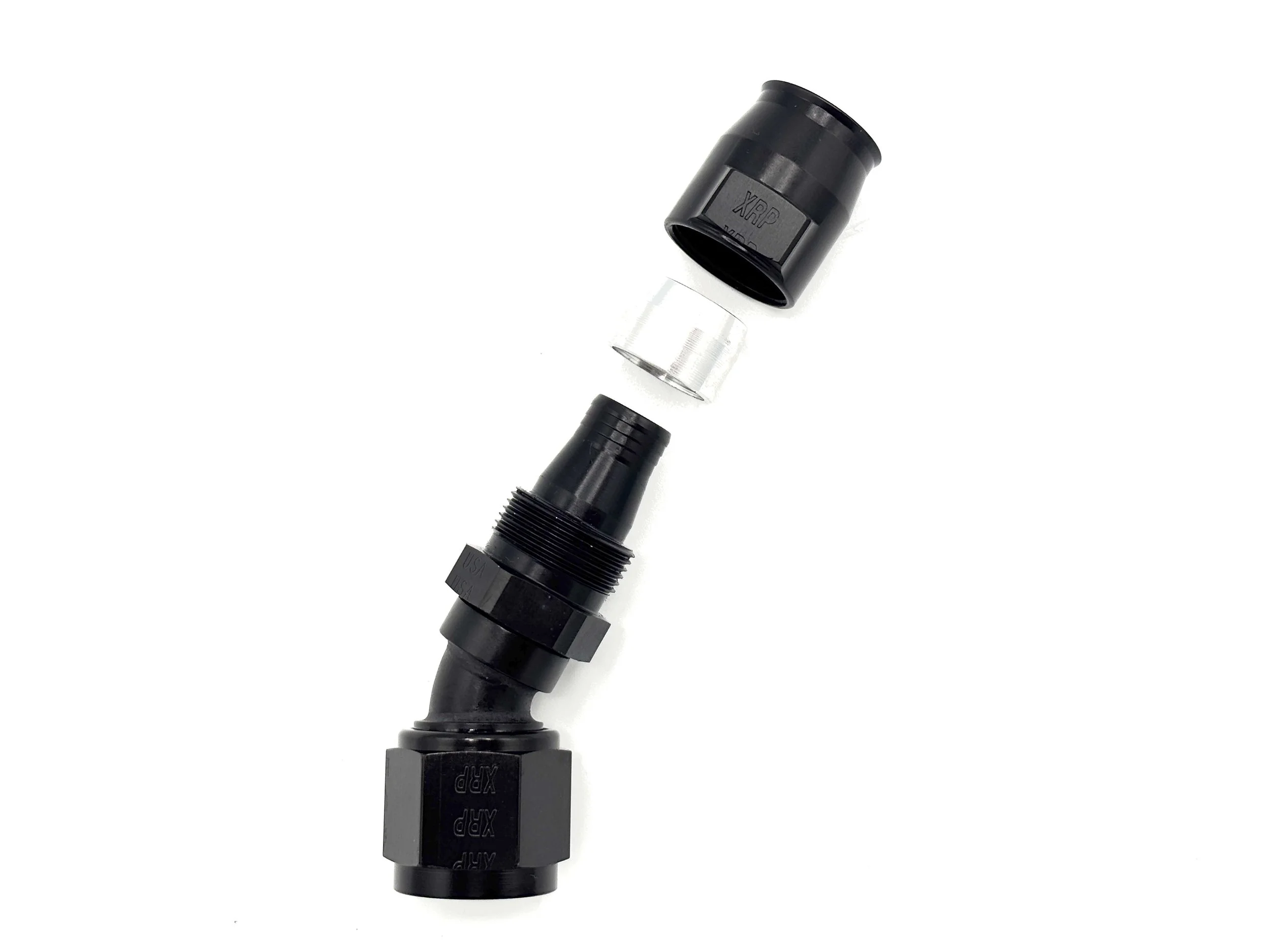 XRP straight swivel Race Reusable hose end to AN female. Black in color. Exploded view.