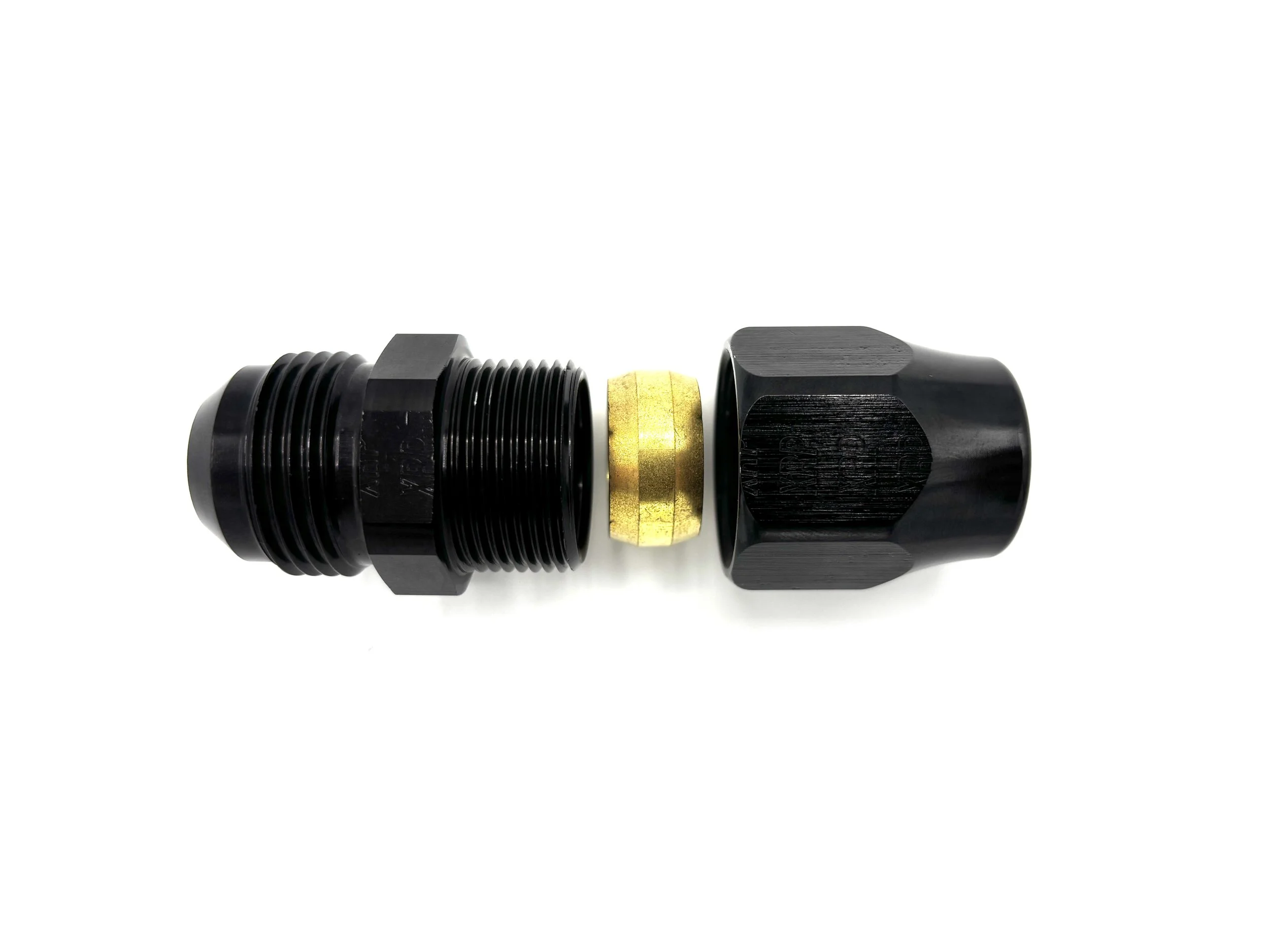 XRP -6AN male to 5/16in tube compression adapter fitting. Black in color. Exploded view with compression sleeve in the middle.