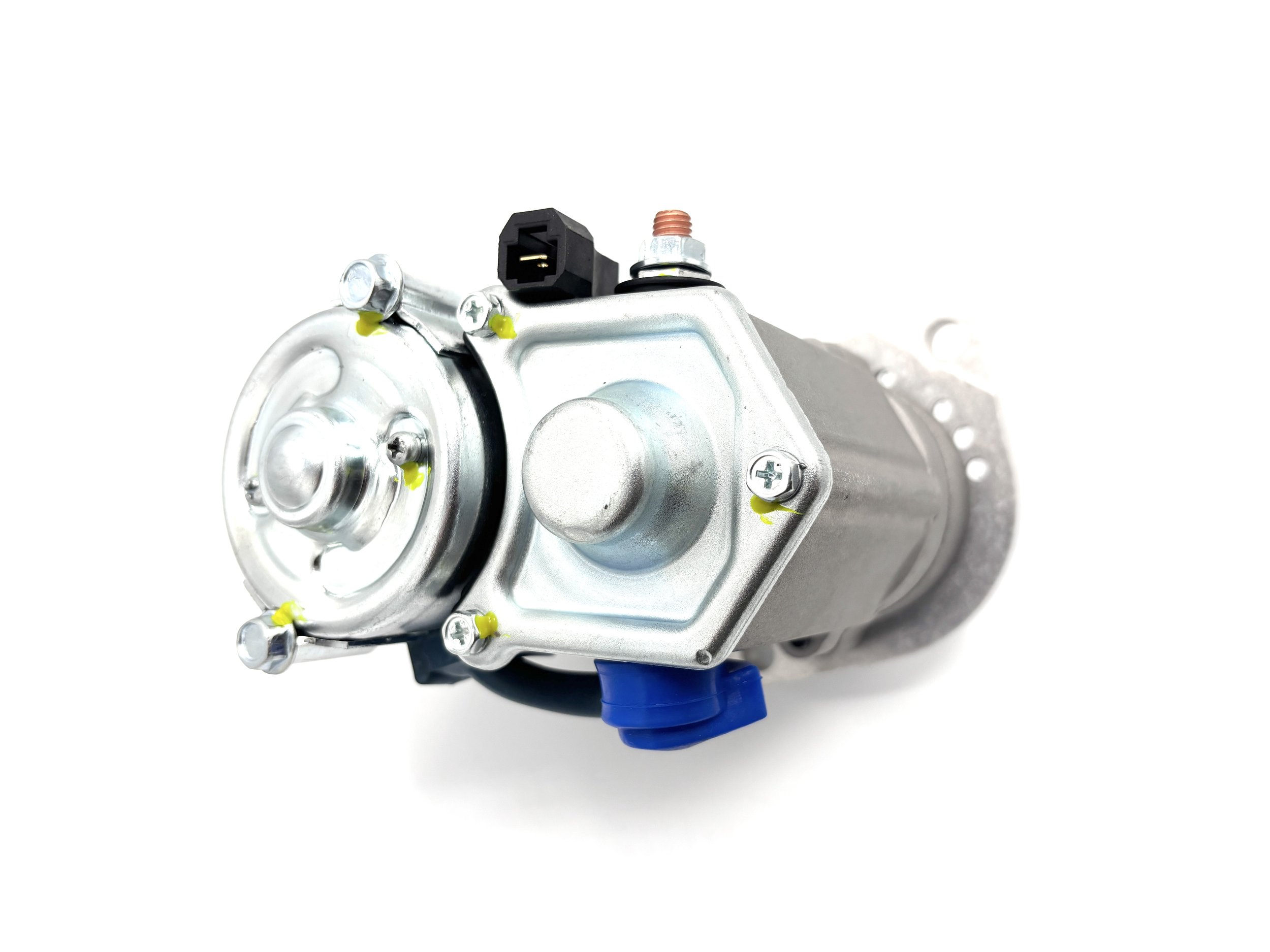 High torque VW gear reduction starter. Silver in color. Side profile. Has blue terminal boot and terminals on the side.