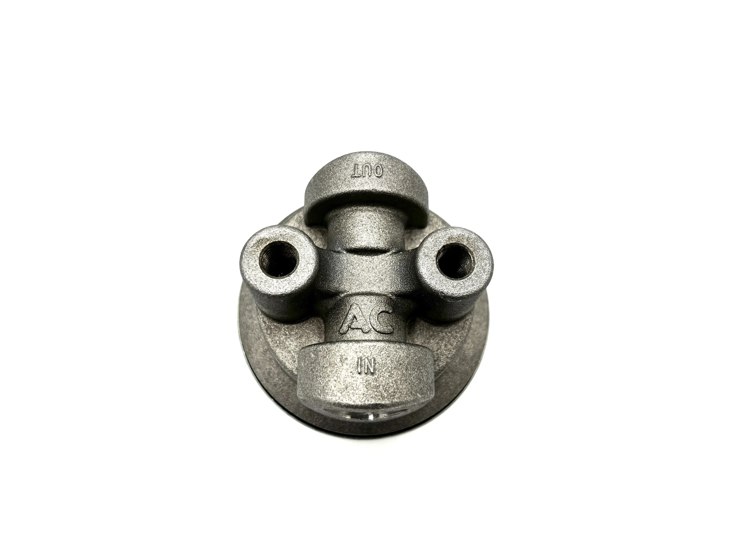 ACDelco Fuel Filter with the canister on. Straight down view of the fuel filter. Exposed metal look.