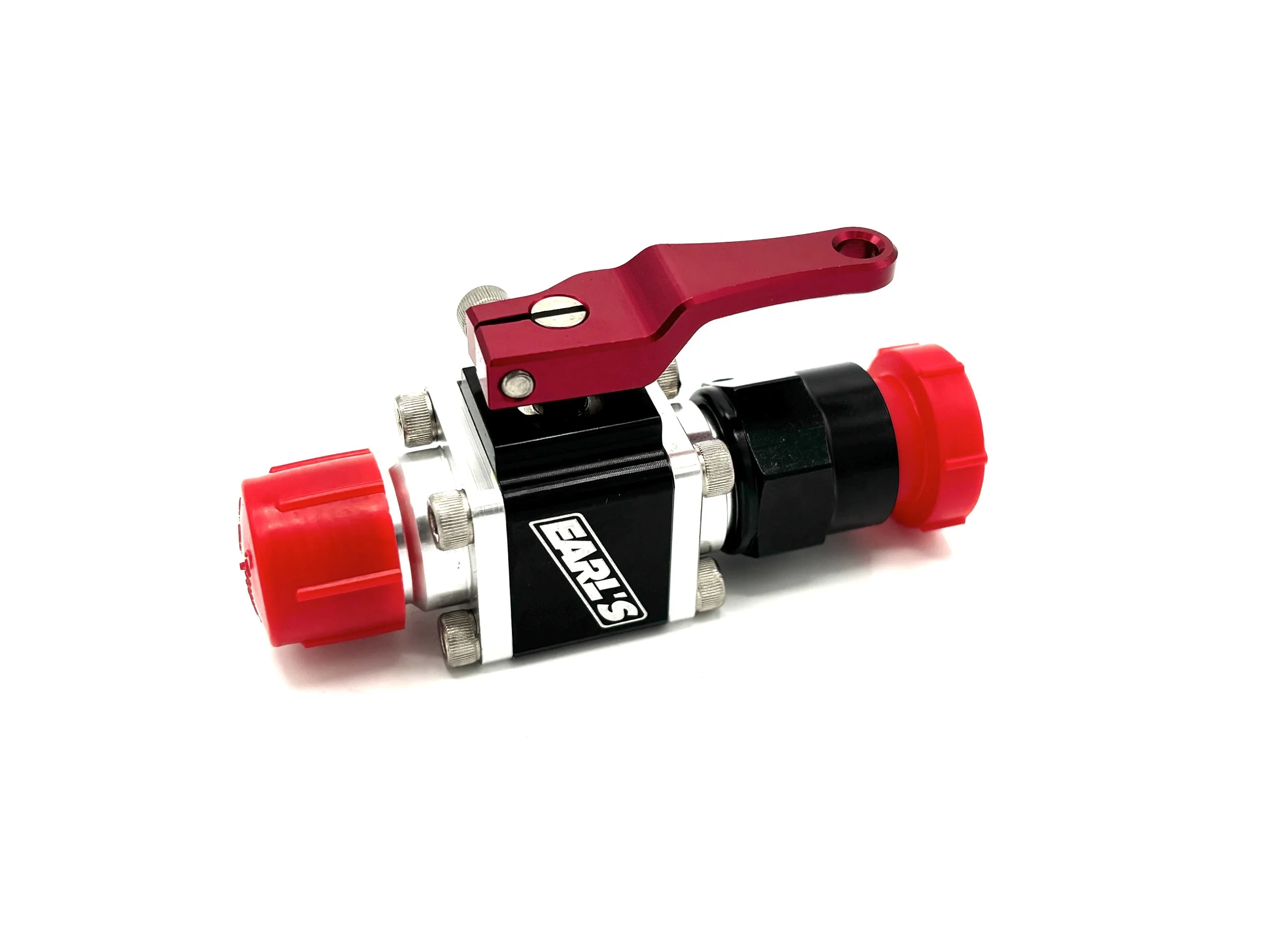 Earl's AN Valve. Has Red handle, black body, red plugs on each end, and a white EARL'S logo.