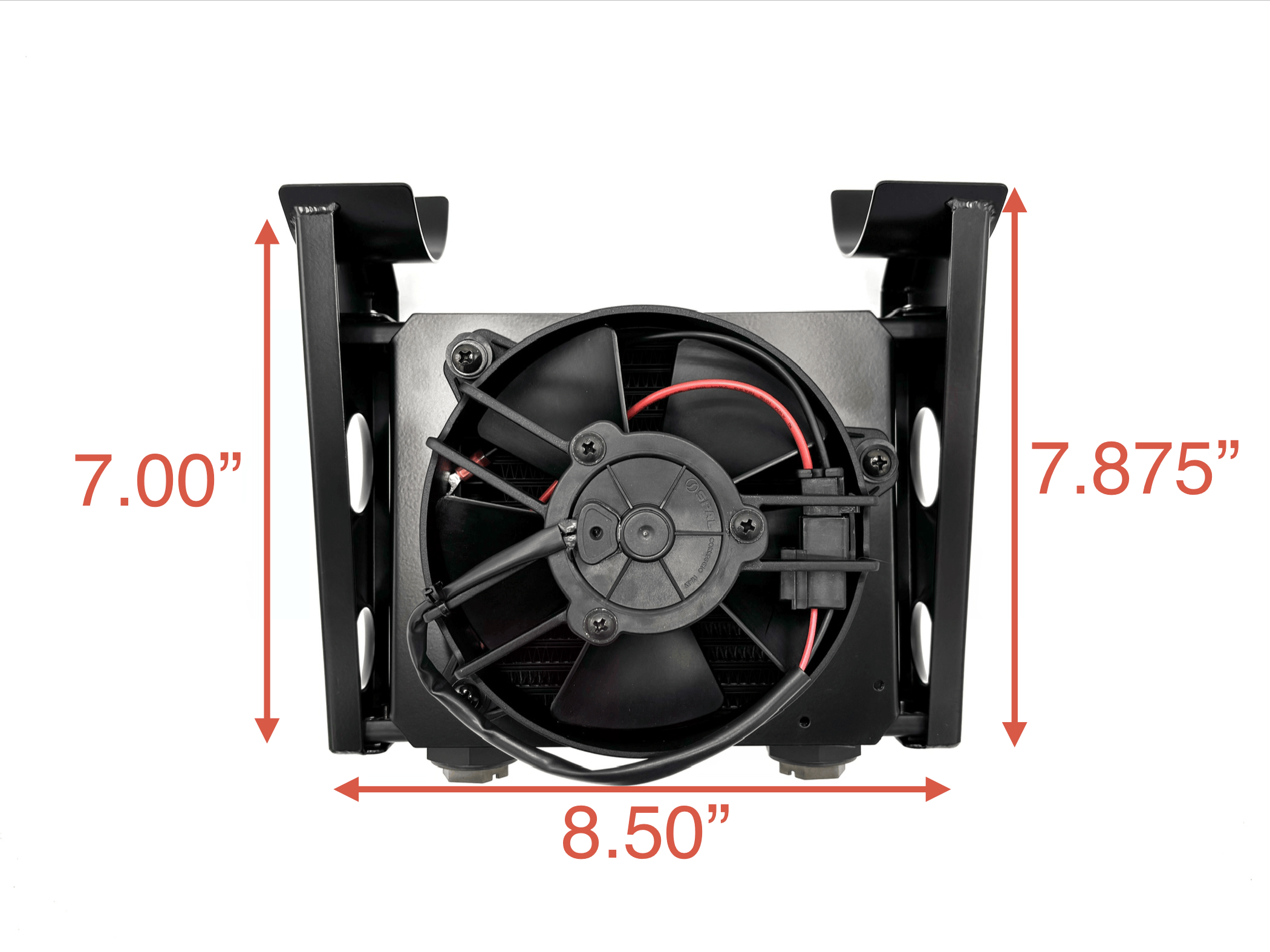 Top view of Type 1 Swing Axle Oil Cooler with the measurements next to it. 8.5 in wide. 7.875 in long