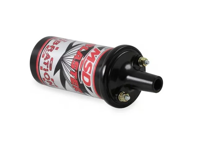 MSD ignition coil, part of the blaster series. Black in color. Has gold color nuts on silver color posts. Has red and chrome lettering.