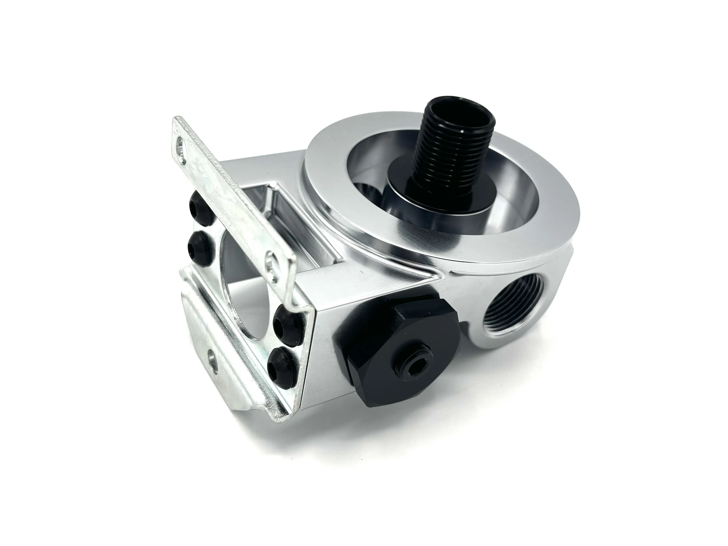 Setrab Remote Oil Filter Stand 77mm. Rectangular oil filter head, has 2 plugs in it with 4 ports. Bottom Side View. Silver