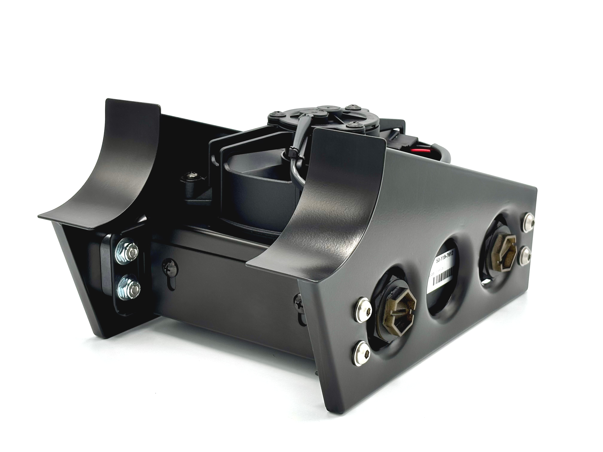 Front of type 2 cooler. Cooler is at an angle with side with fitting ports visible.