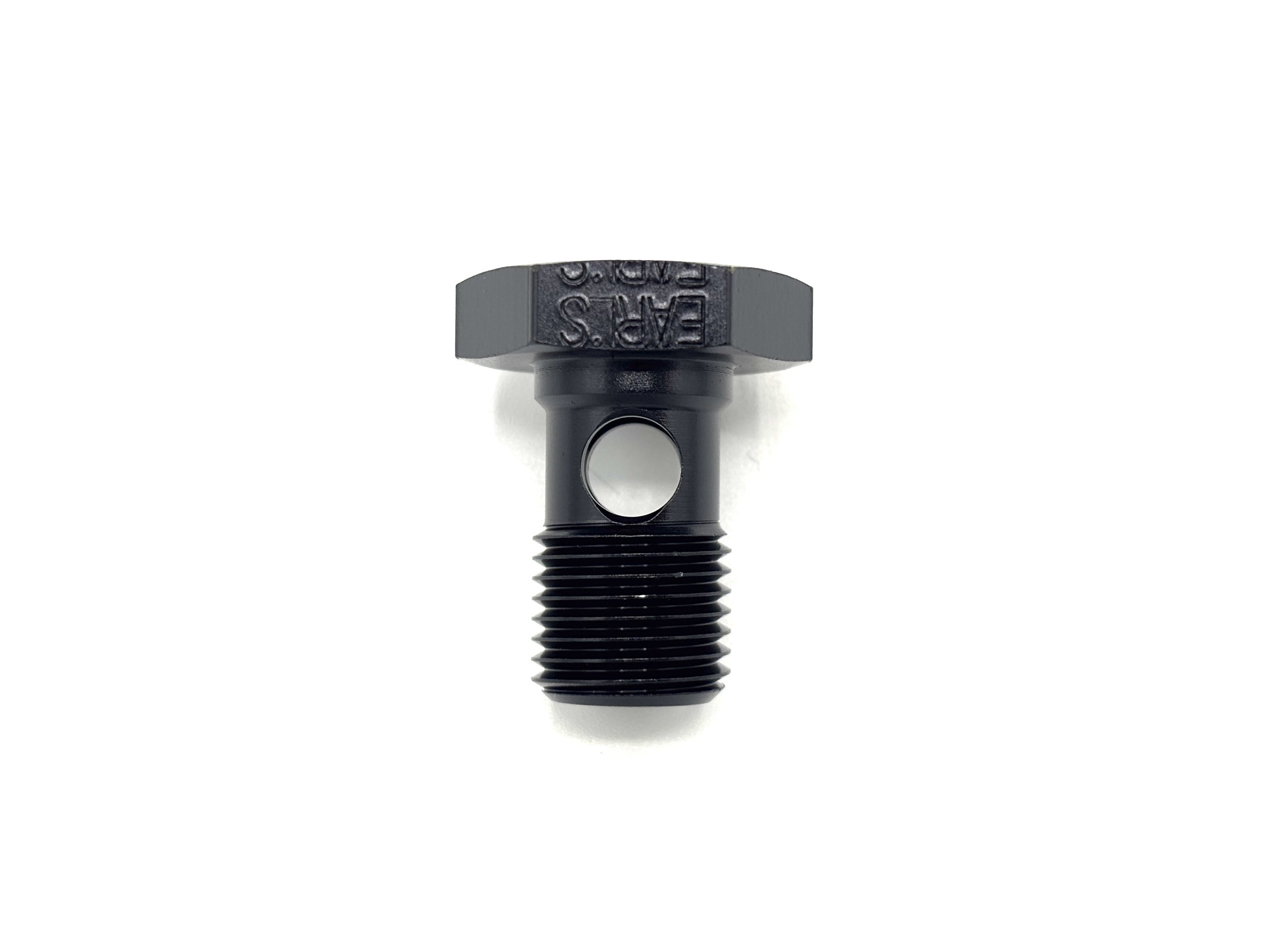 Earl's 9/16-18 aluminum fuel system banjo bolt. Black in color.