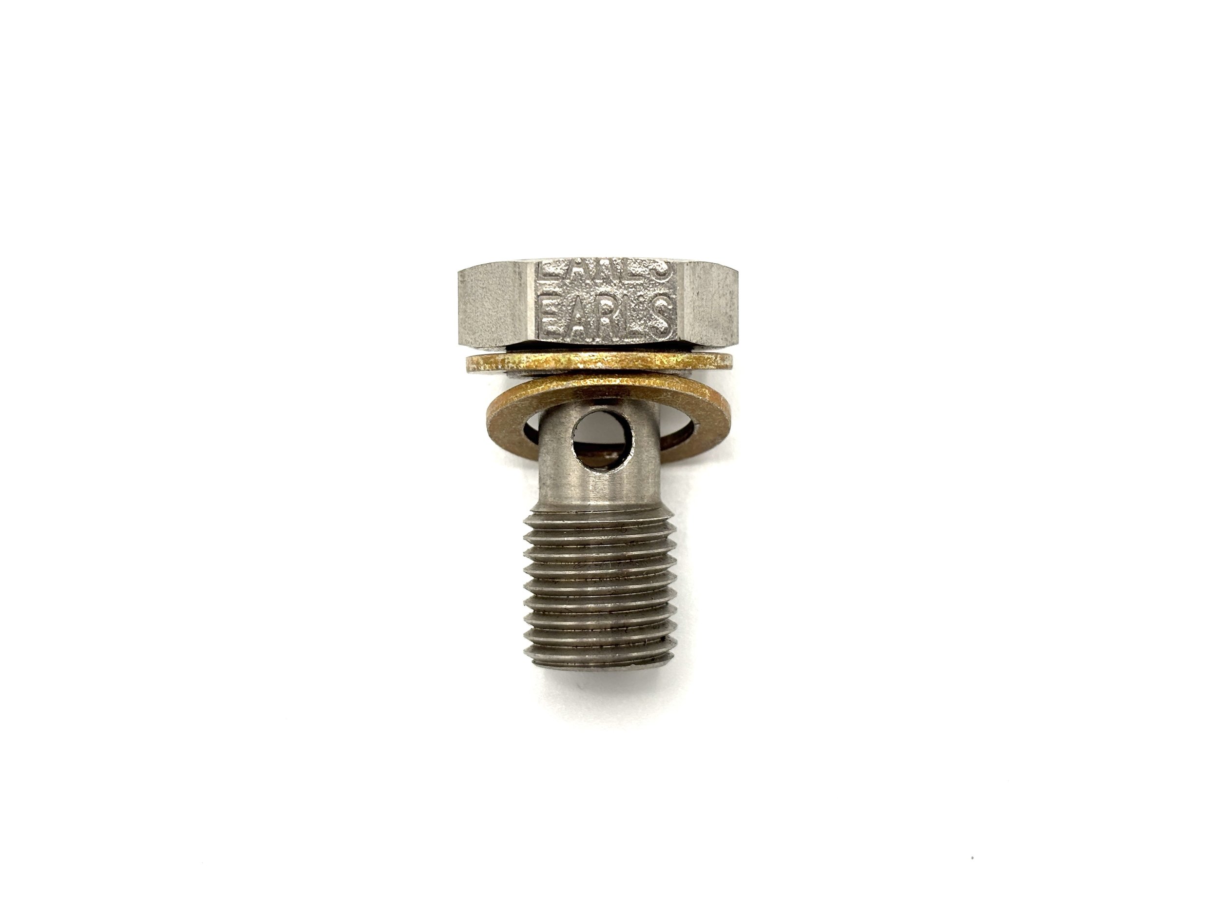 Earl's stainless steel M12 banjo bolt. Silver in color.