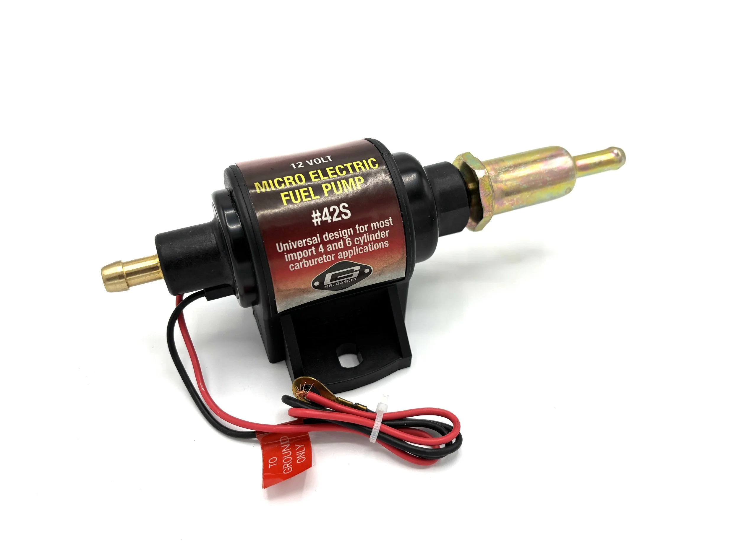Mr. Gasket 2-3.5 PSI 28GPH micro electric fuel pump. Has filter on it. Black in color.
