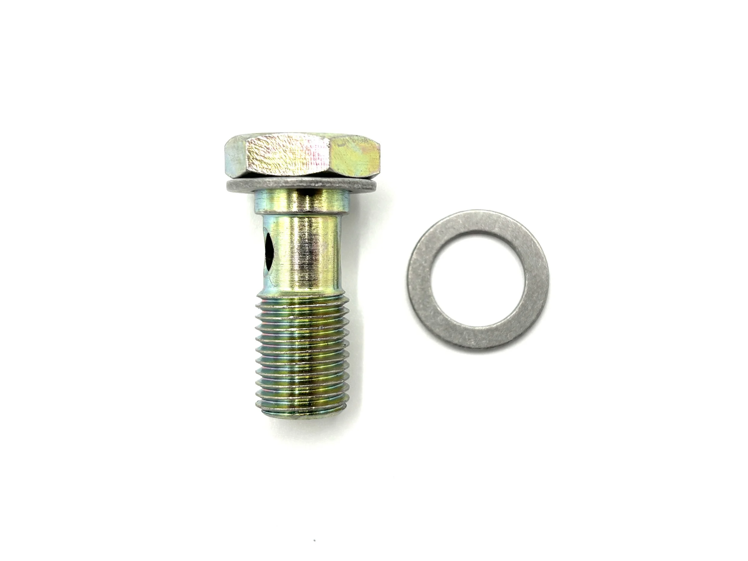 XRP long 7/16-20 steel banjo bolt. Gold in color. Has washer next to it.