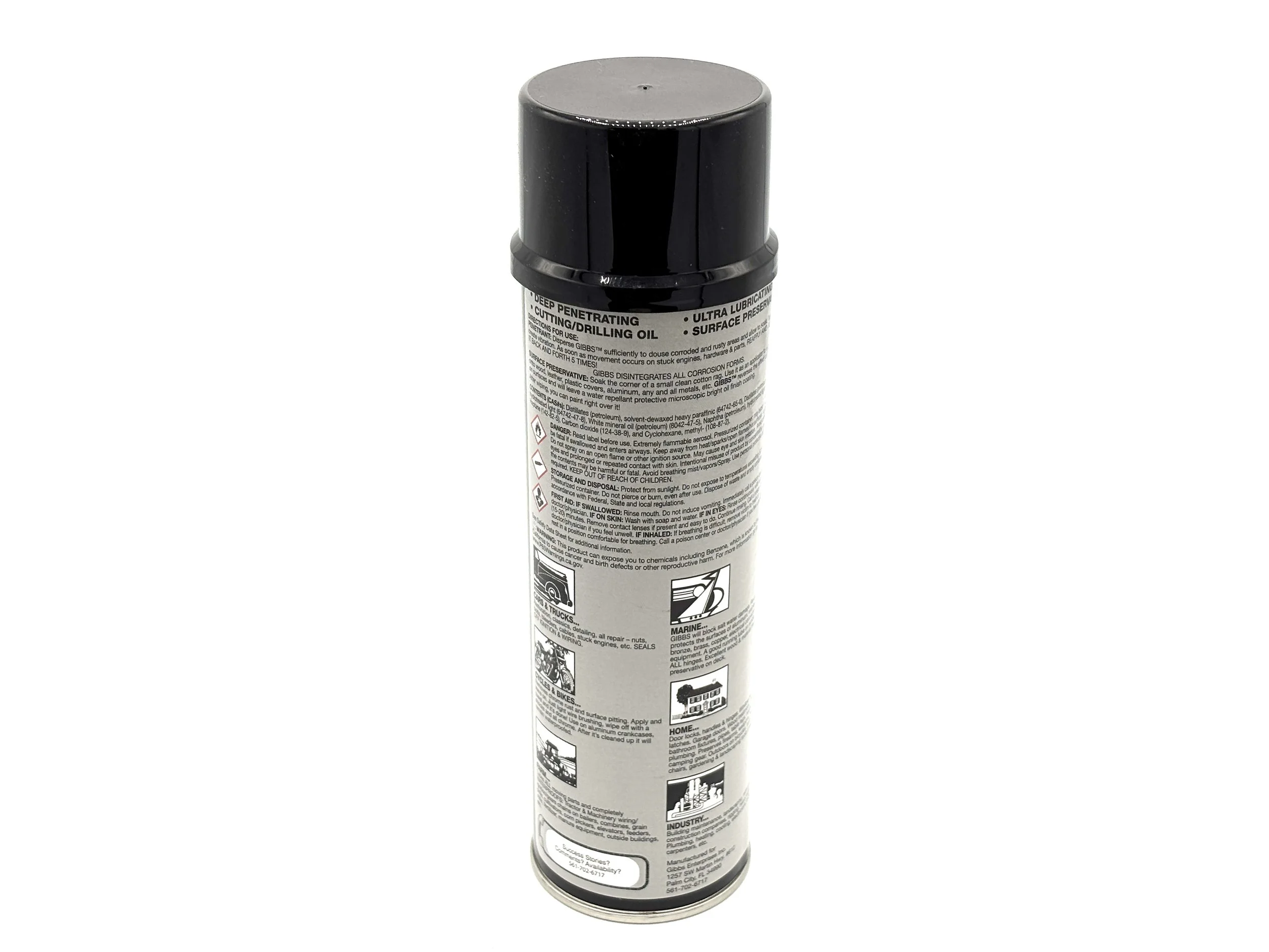 Gibbs spray can lubricant 12 oz. Back view.